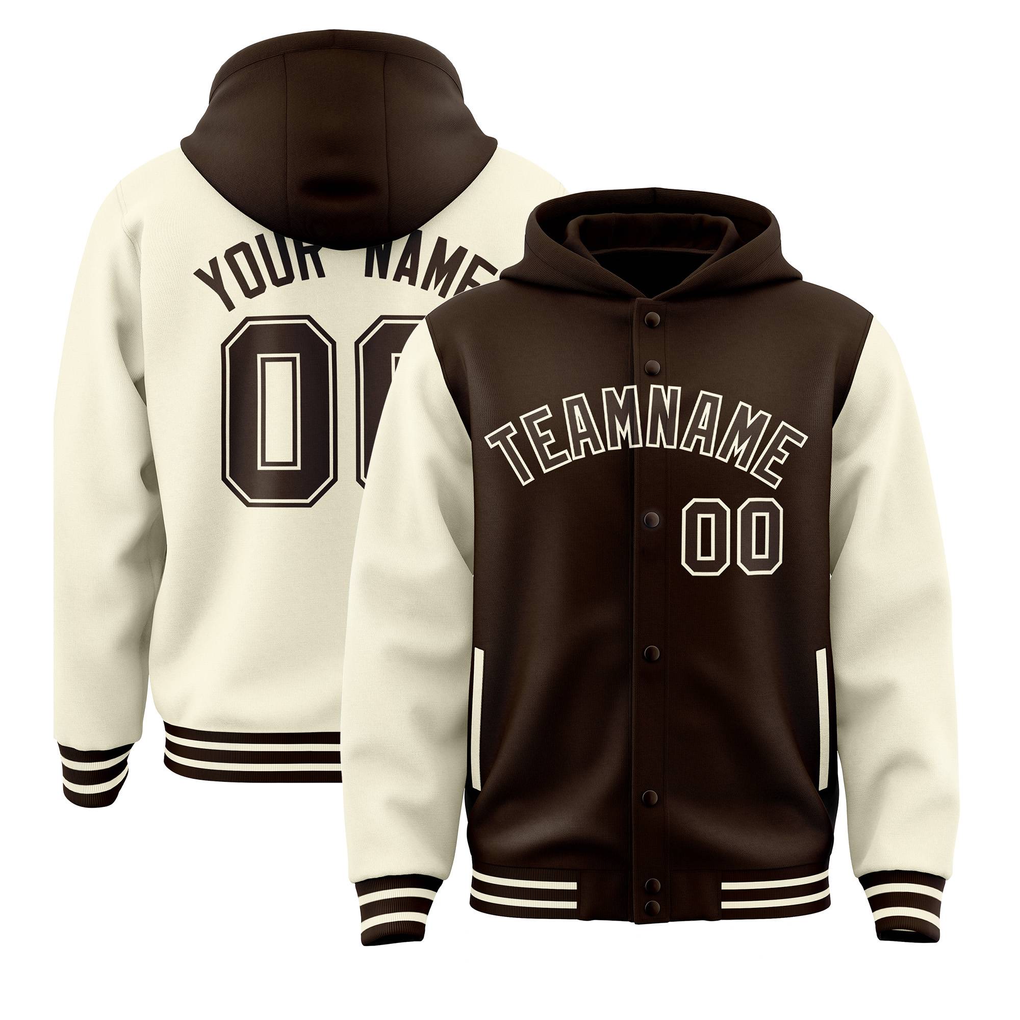 Custom Brown Cream Raglan Sleeves Varsity Full-Snap Letterman Two Tone Jacket Hoodie| KXKSHOP