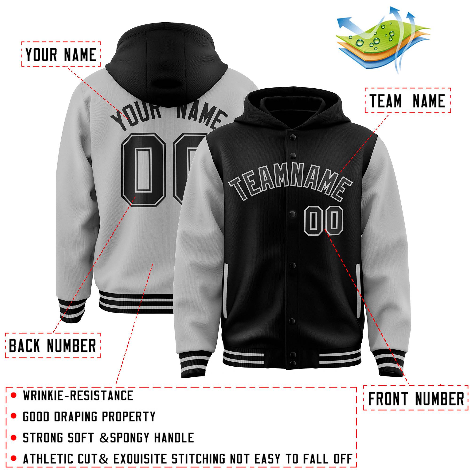 Custom Black Gray Raglan Sleeves Varsity Full-Snap Letterman Two Tone Jacket Hoodie| KXKSHOP