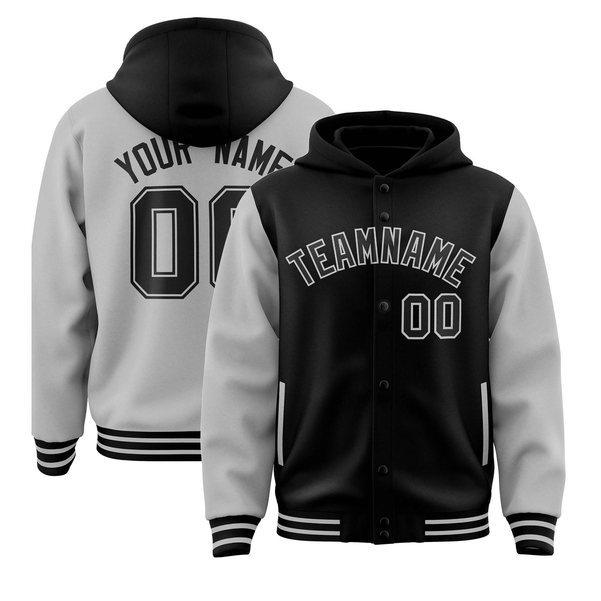 Custom Black Gray Raglan Sleeves Varsity Full-Snap Letterman Two Tone Jacket Hoodie| KXKSHOP
