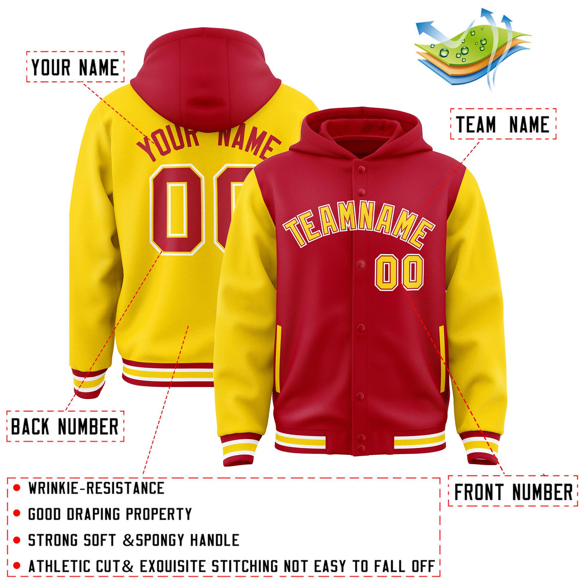 Custom Red Gold Raglan Sleeves Varsity Full-Snap Letterman Two Tone Jacket Hoodie| KXKSHOP