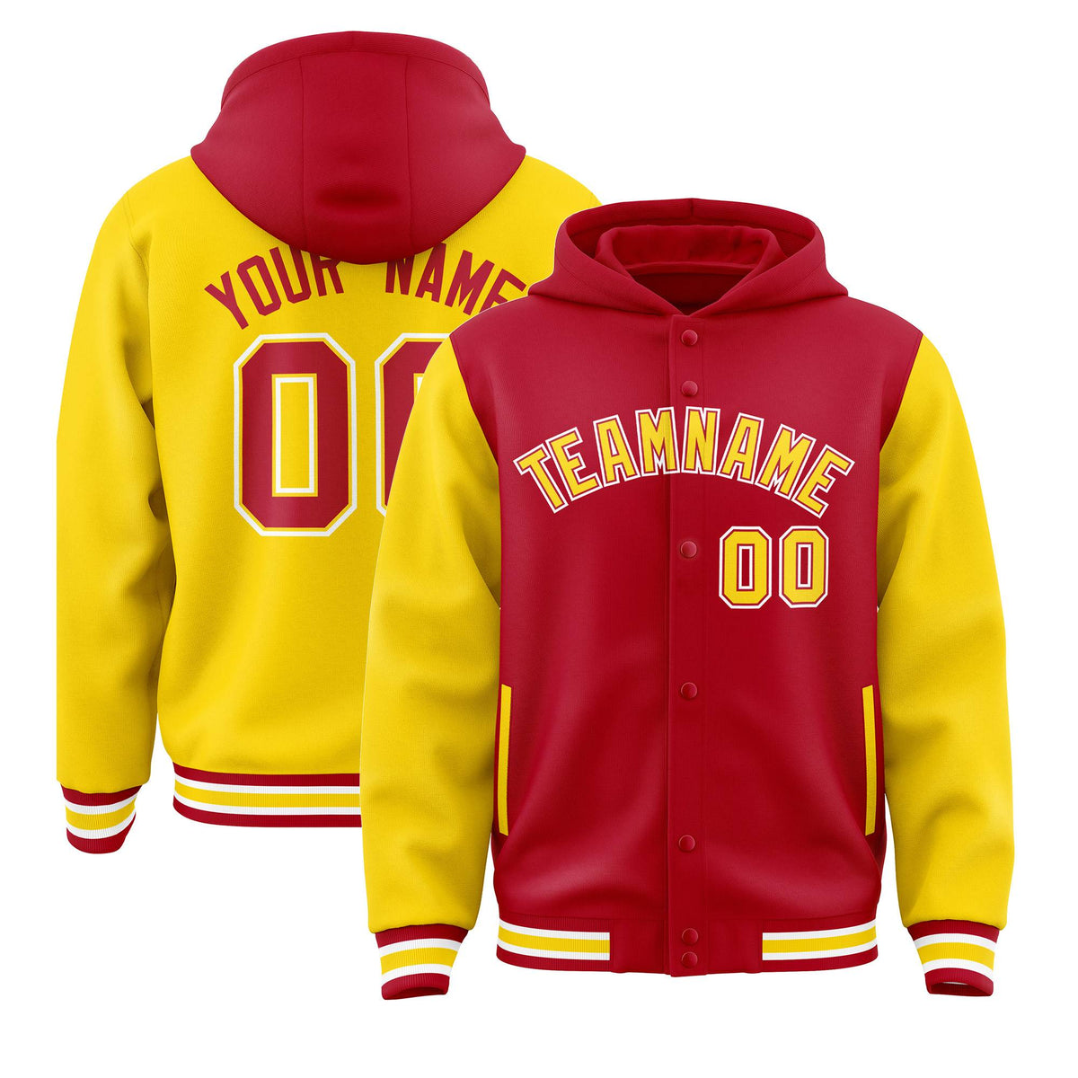 Custom Red Gold Raglan Sleeves Varsity Full-Snap Letterman Two Tone Jacket Hoodie| KXKSHOP