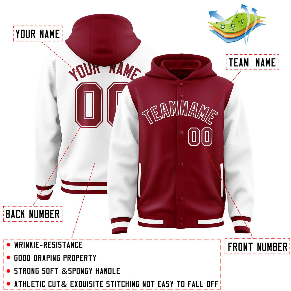 Custom Crimson White Raglan Sleeves Varsity Full-Snap Letterman Two Tone Jacket Hoodie| KXKSHOP