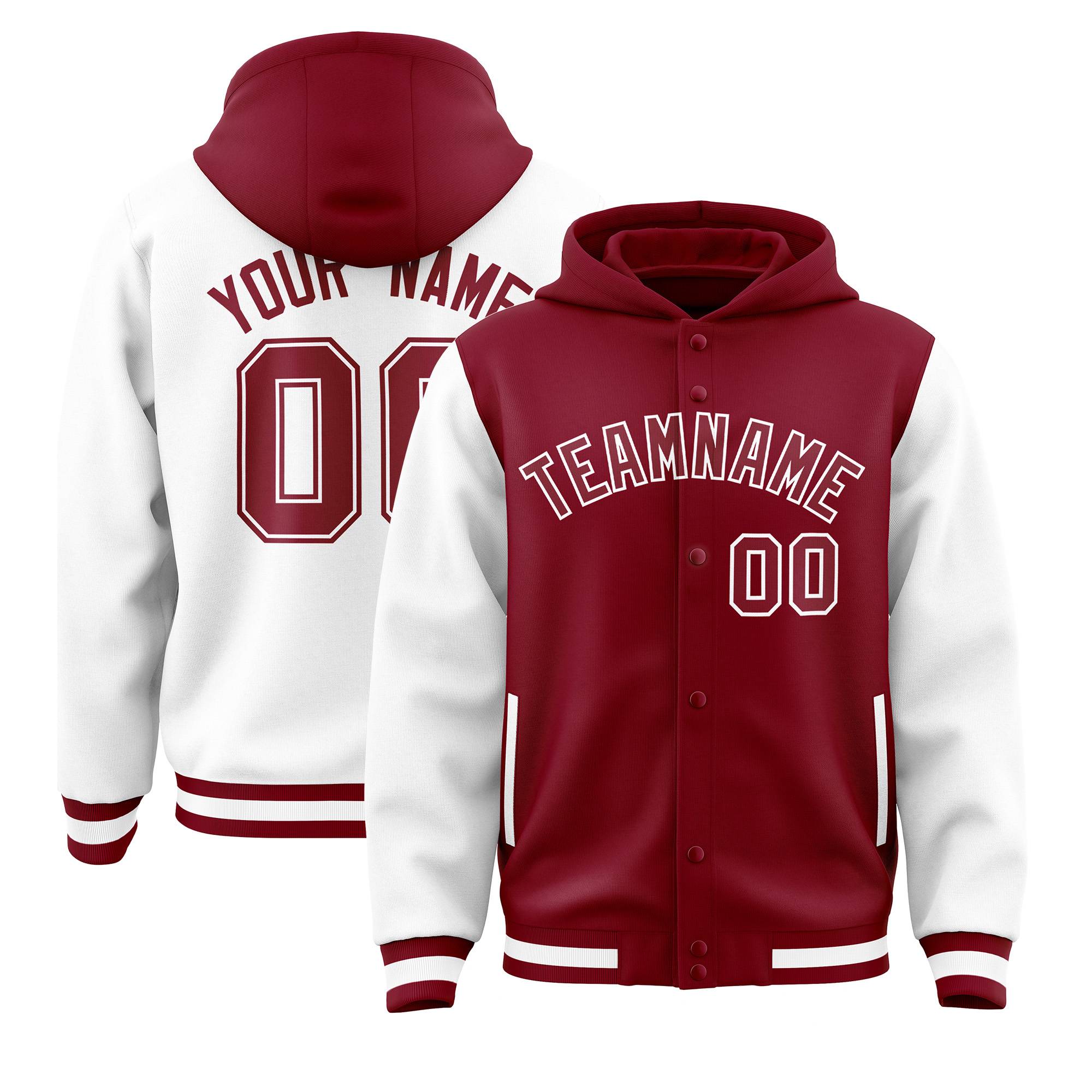 Custom Crimson White Raglan Sleeves Varsity Full-Snap Letterman Two Tone Jacket Hoodie| KXKSHOP
