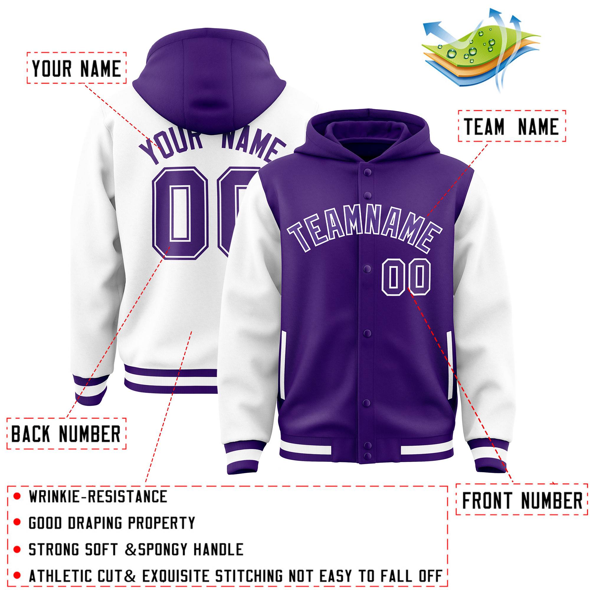 Custom Purple White Raglan Sleeves Varsity Full-Snap Letterman Two Tone Jacket Hoodie| KXKSHOP
