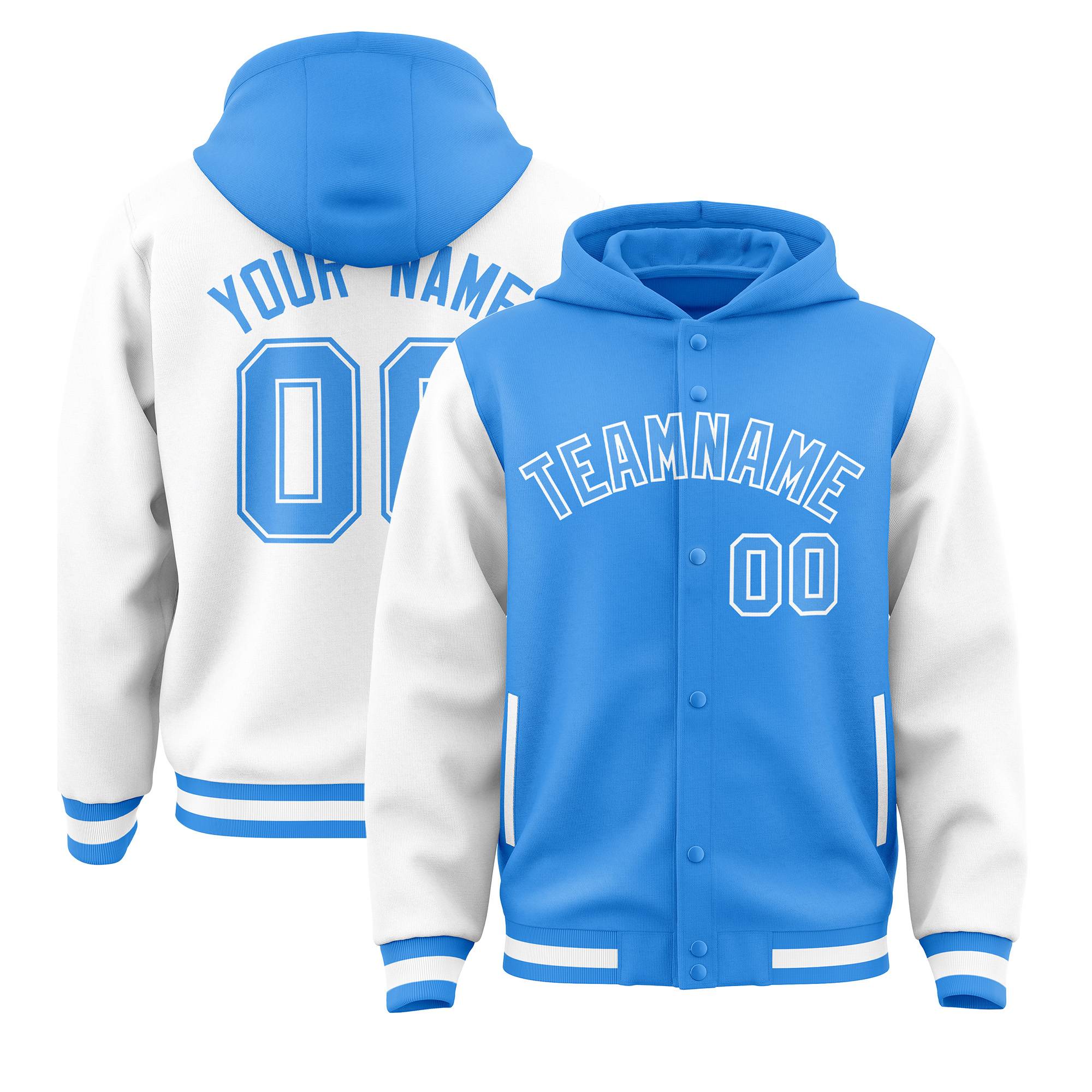 Custom Powder Blue White Raglan Sleeves Varsity Full-Snap Letterman Two Tone Jacket Hoodie| KXKSHOP