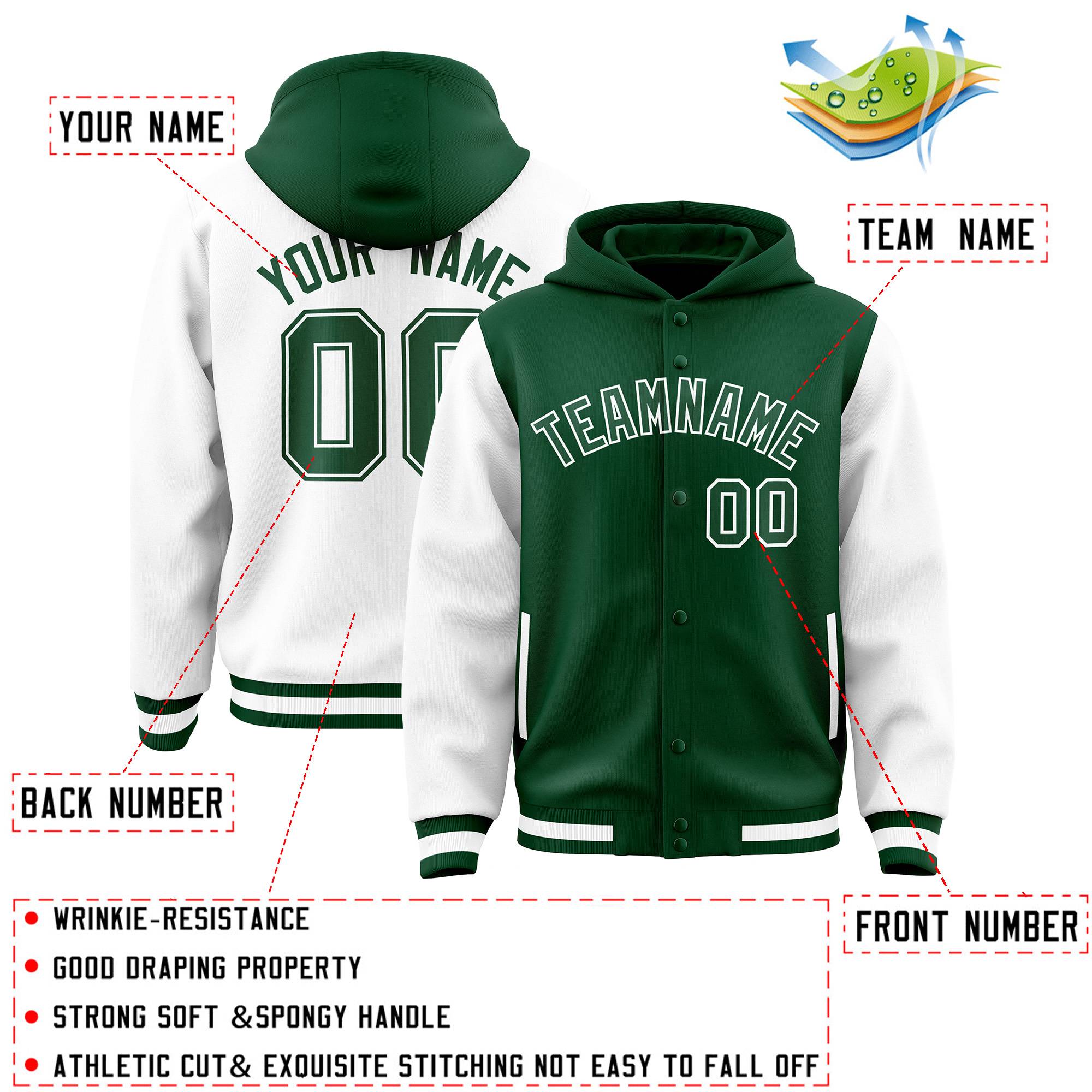 Custom Green White Raglan Sleeves Varsity Full-Snap Letterman Two Tone Jacket Hoodie| KXKSHOP