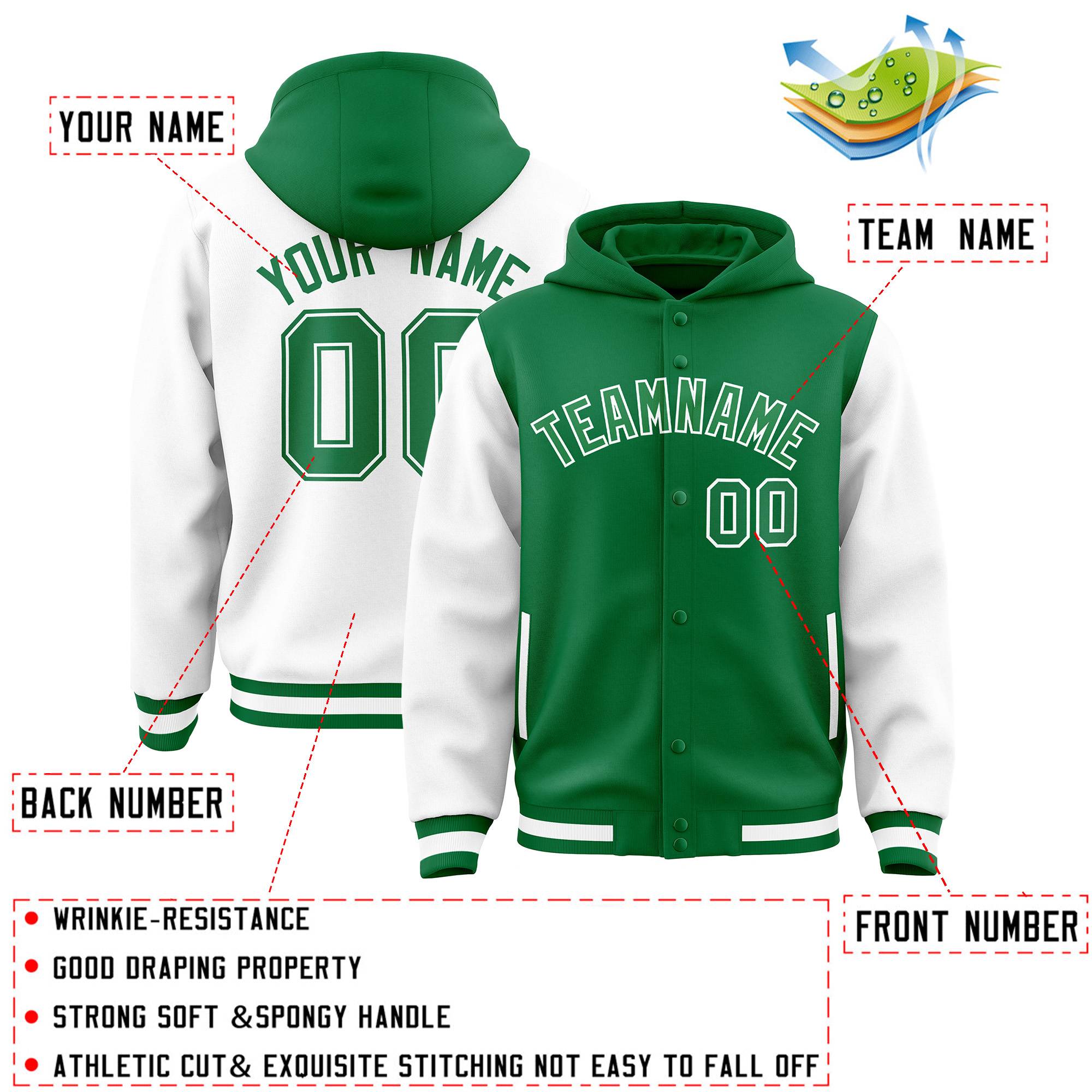 Custom Kelly Green White Raglan Sleeves Varsity Full-Snap Letterman Two Tone Jacket Hoodie| KXKSHOP