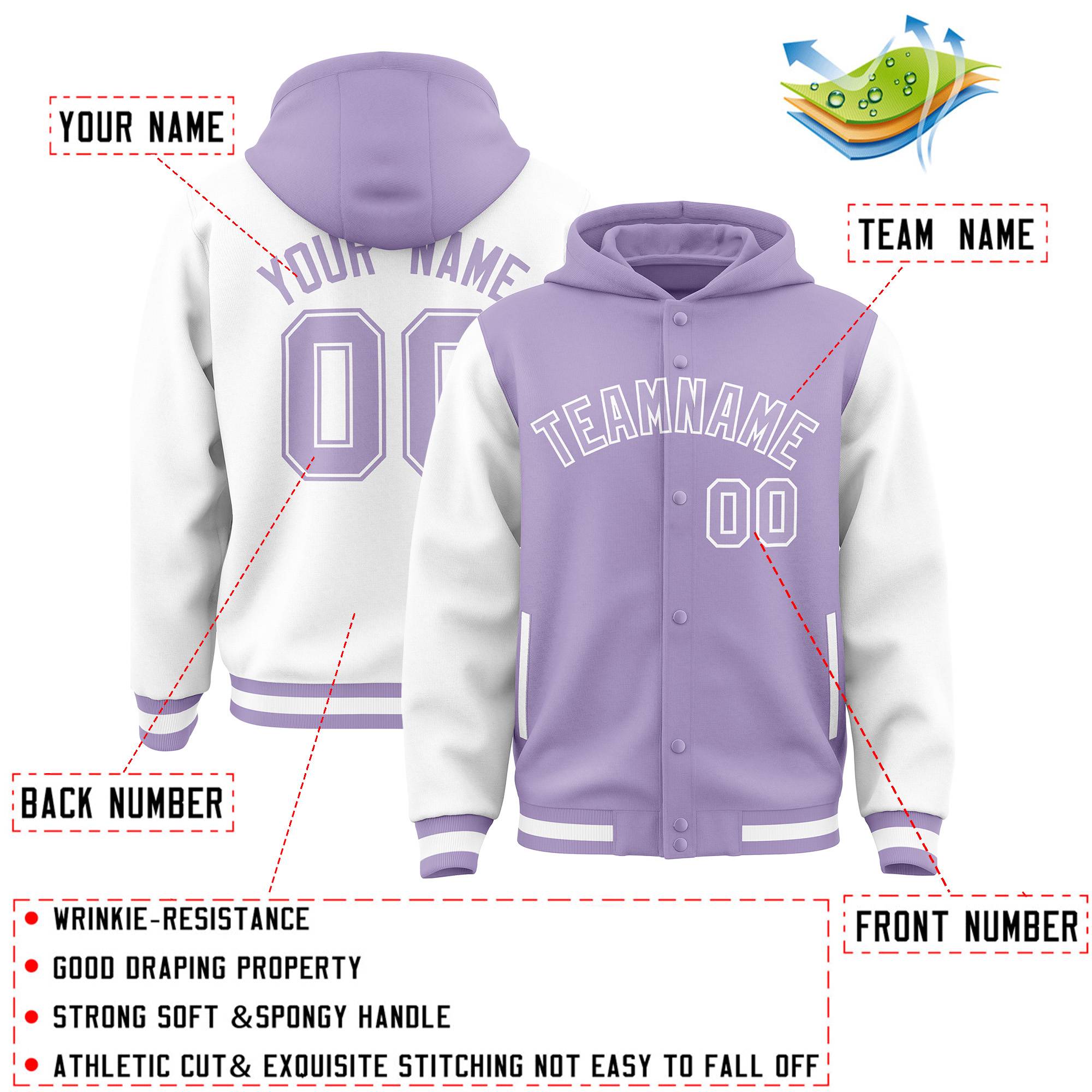 Custom Light Purple White Raglan Sleeves Varsity Full-Snap Letterman Two Tone Jacket Hoodie| KXKSHOP