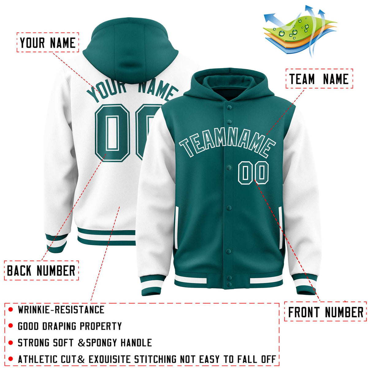 Custom Aqua White Raglan Sleeves Varsity Full-Snap Letterman Two Tone Jacket Hoodie| KXKSHOP