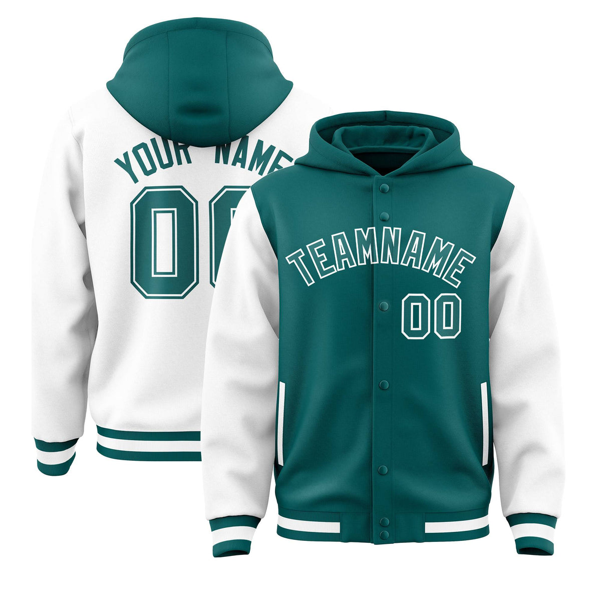 Custom Aqua White Raglan Sleeves Varsity Full-Snap Letterman Two Tone Jacket Hoodie| KXKSHOP