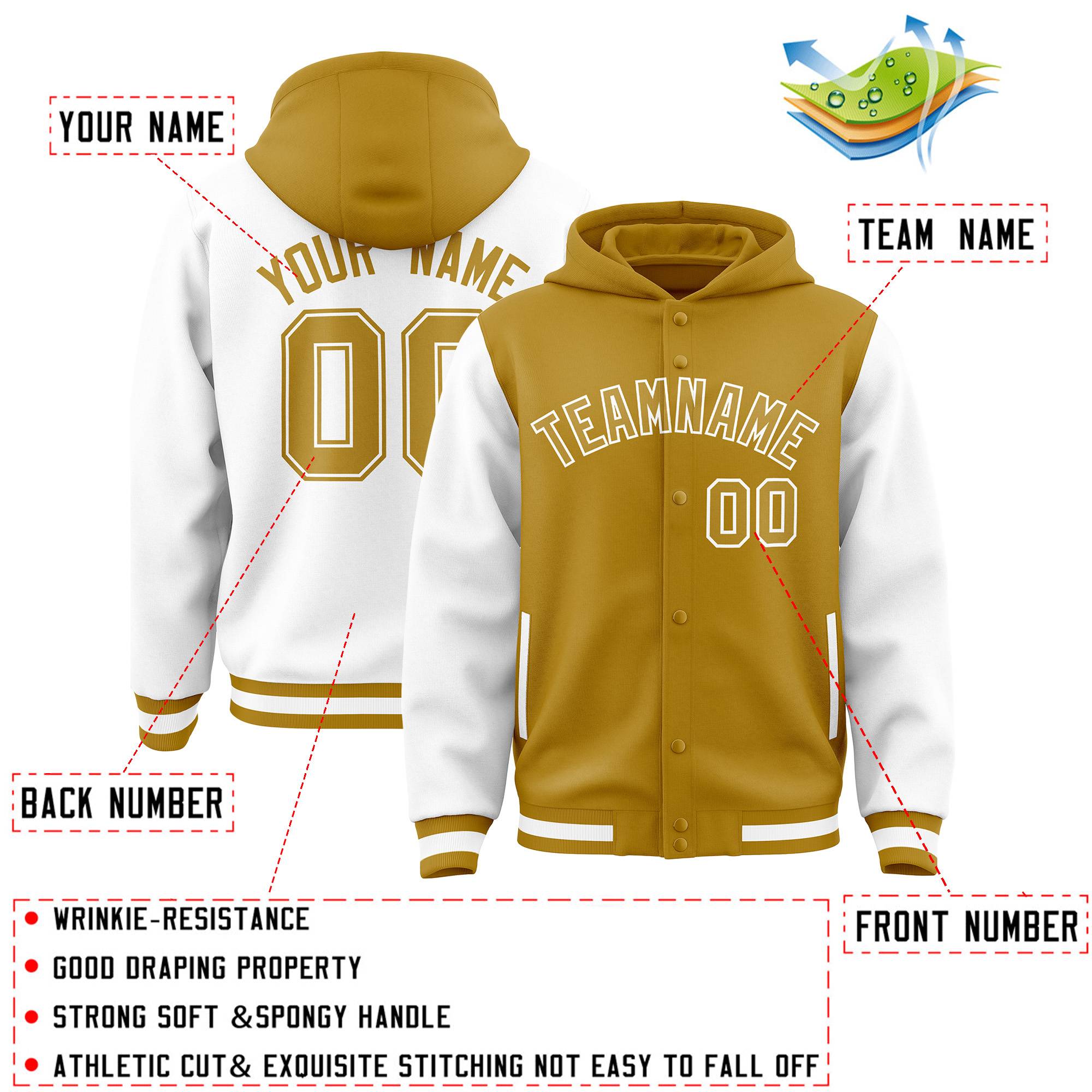 Custom Old Gold White Raglan Sleeves Varsity Full-Snap Letterman Two Tone Jacket Hoodie| KXKSHOP
