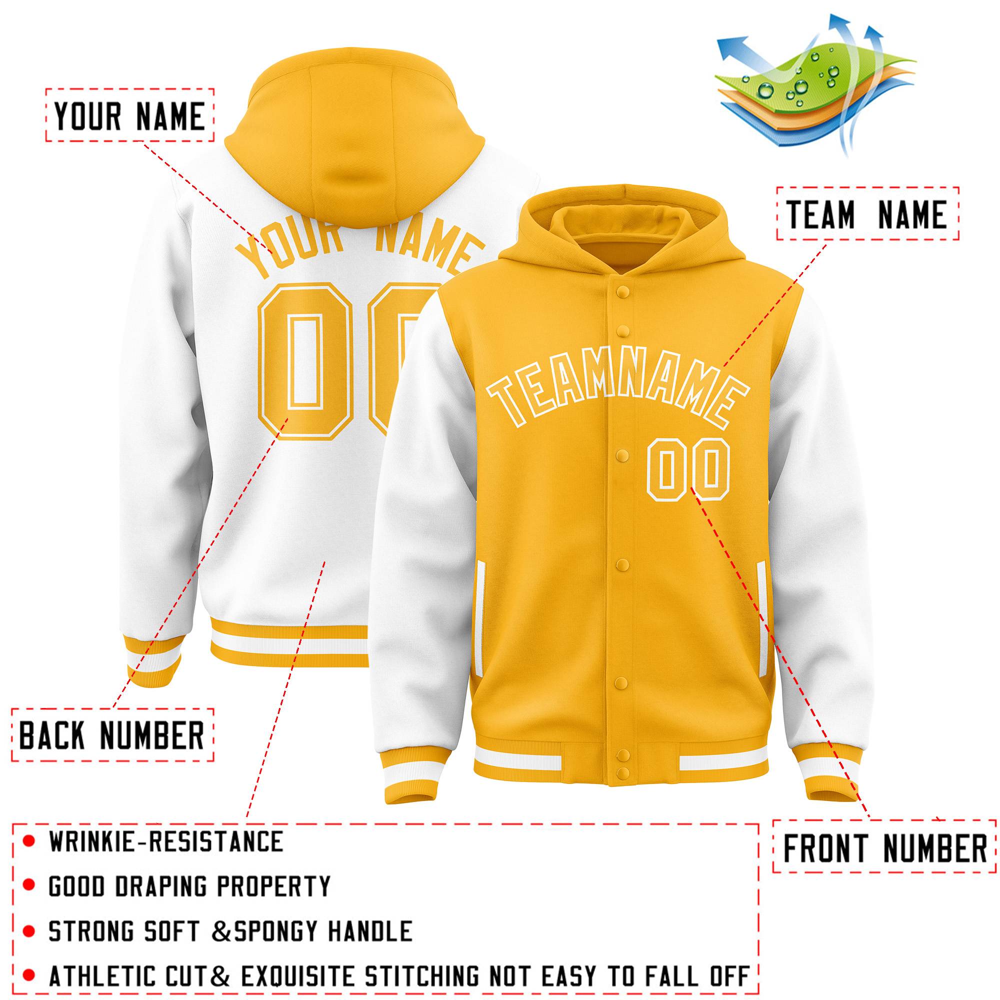 Custom Gold White Raglan Sleeves Varsity Full-Snap Letterman Two Tone Jacket Hoodie| KXKSHOP