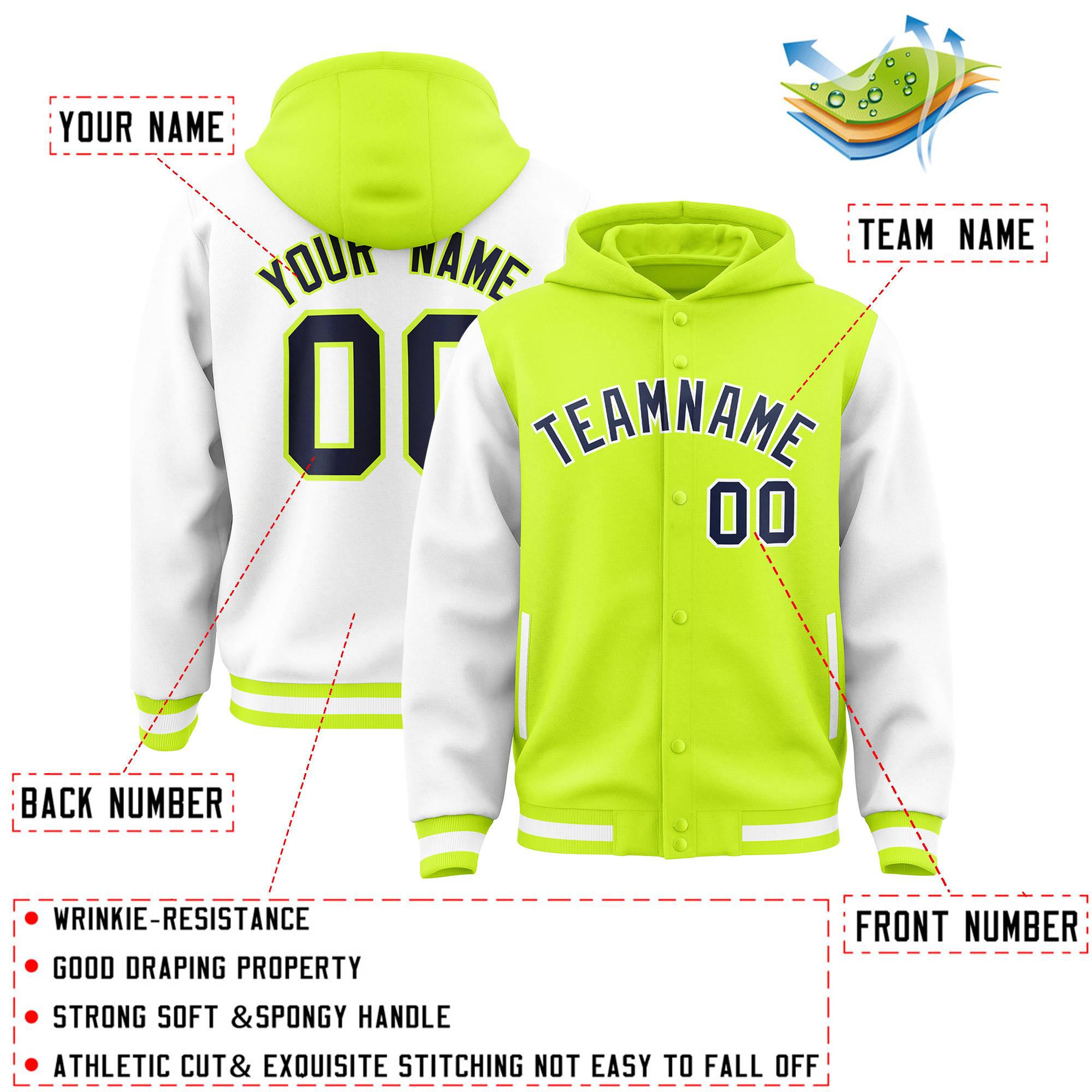 Custom Neon Green White Raglan Sleeves Varsity Full-Snap Letterman Two Tone Jacket Hoodie| KXKSHOP