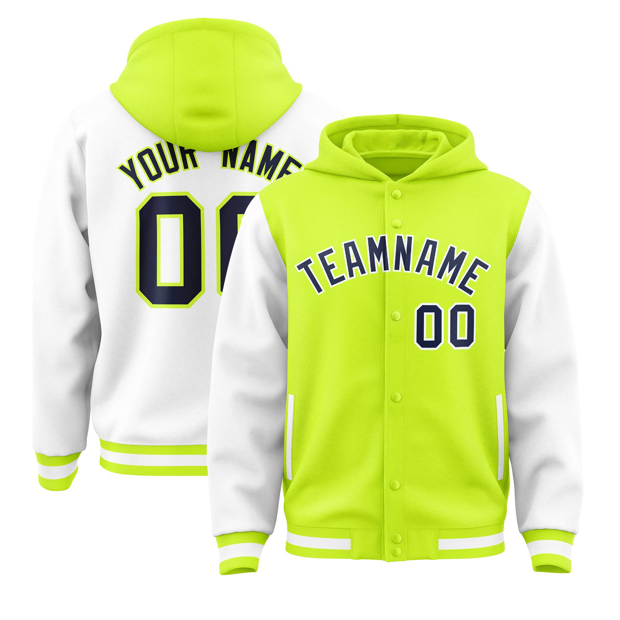 Custom Neon Green White Raglan Sleeves Varsity Full-Snap Letterman Two Tone Jacket Hoodie| KXKSHOP