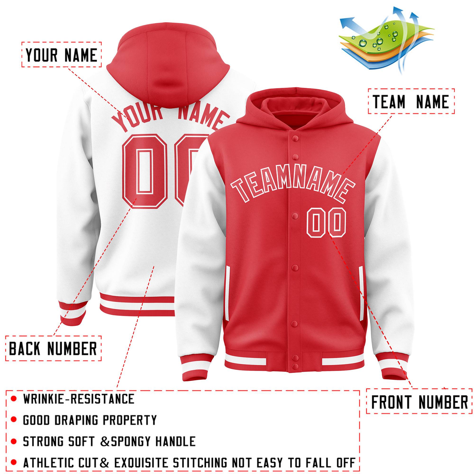 Custom Light Red White Raglan Sleeves Varsity Full-Snap Letterman Two Tone Jacket Hoodie| KXKSHOP