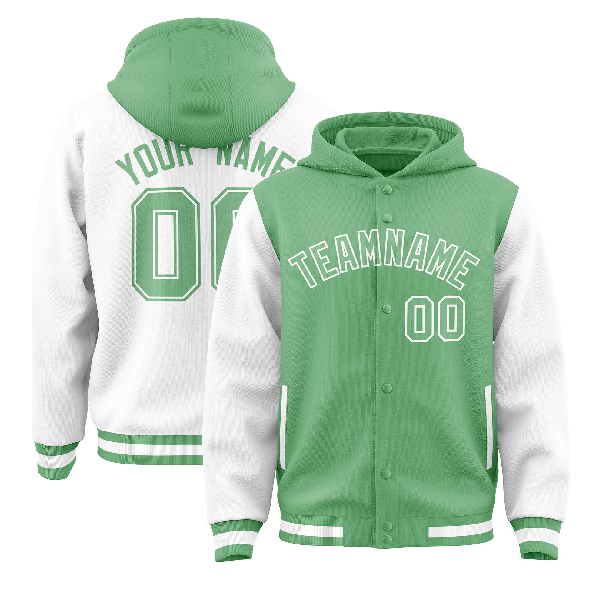 Custom Green White Raglan Sleeves Varsity Full-Snap Letterman Two Tone Jacket Hoodie| KXKSHOP