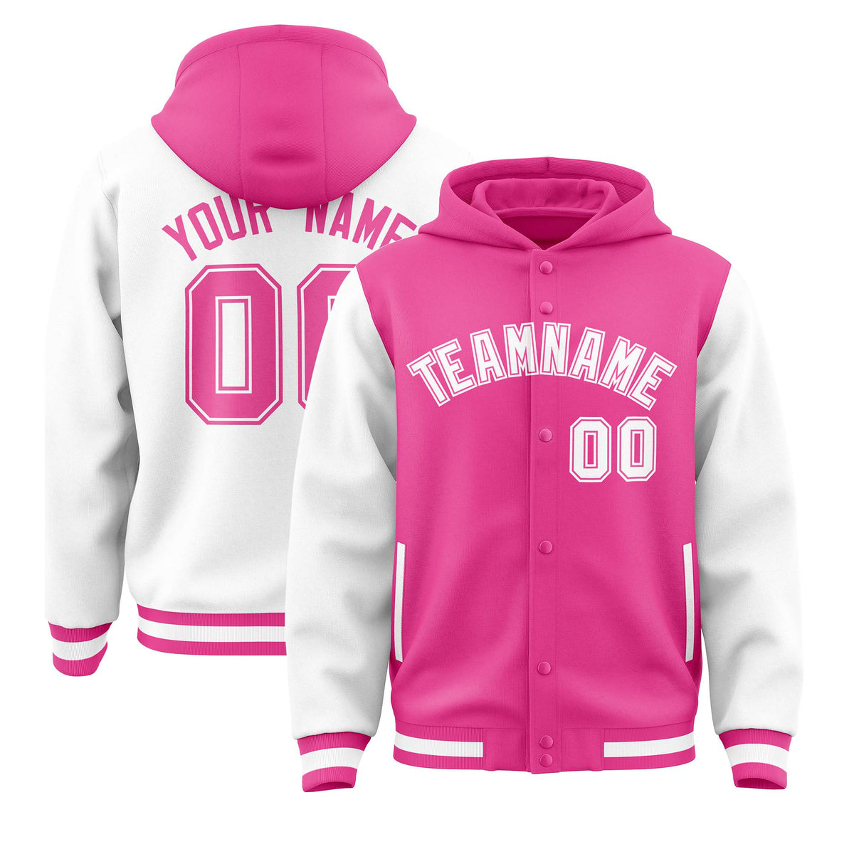 Custom Pink White Raglan Sleeves Varsity Full-Snap Letterman Two Tone Jacket Hoodie| KXKSHOP
