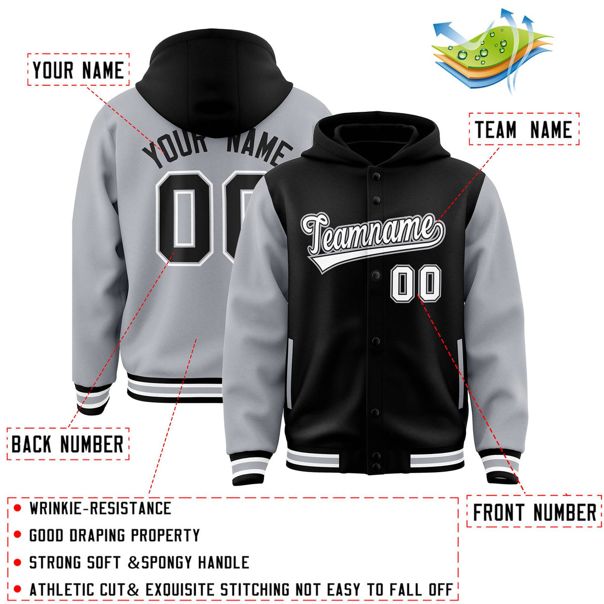Custom Black Gray Raglan Sleeves Varsity Full-Snap Letterman Two Tone Jacket Hoodie| KXKSHOP