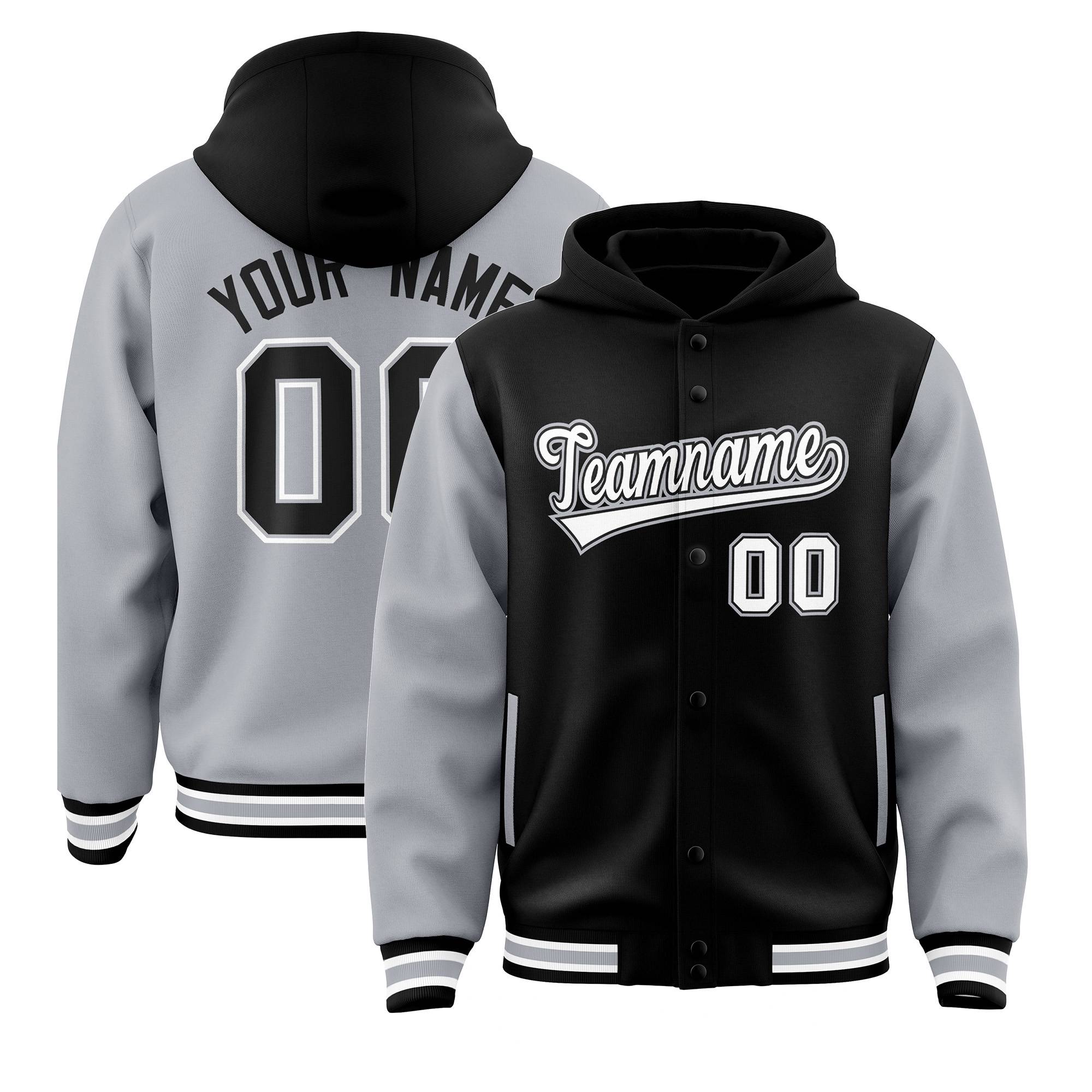 Custom Black Gray Raglan Sleeves Varsity Full-Snap Letterman Two Tone Jacket Hoodie| KXKSHOP