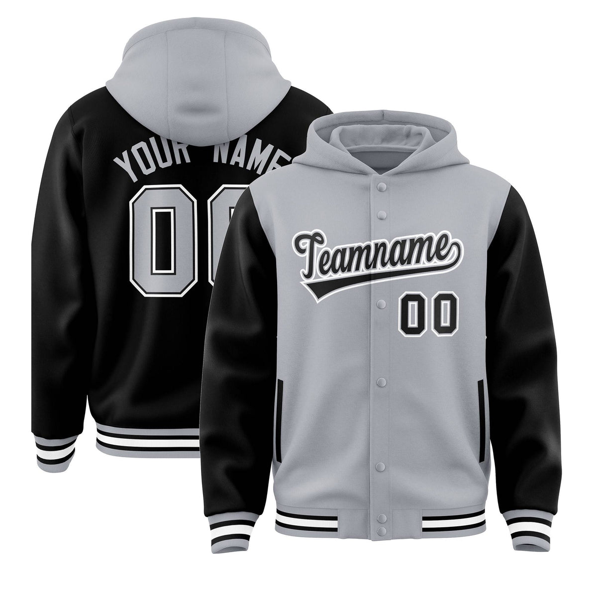 Custom Gray Black Raglan Sleeves Varsity Full-Snap Letterman Two Tone Jacket Hoodie| KXKSHOP