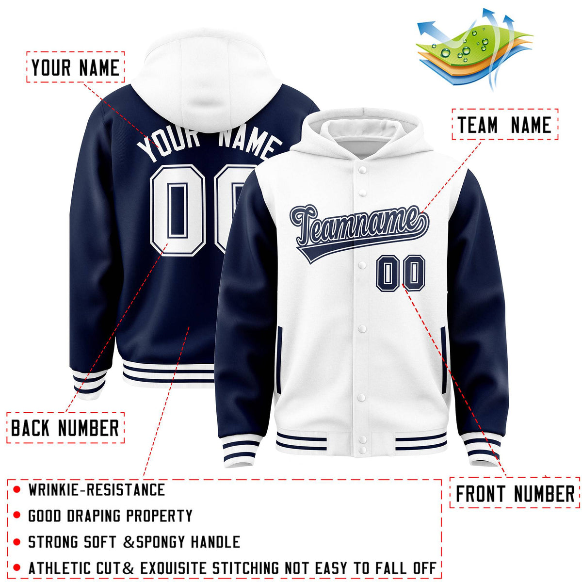 Custom White Navy Raglan Sleeves Varsity Full-Snap Letterman Two Tone Jacket Hoodie| KXKSHOP