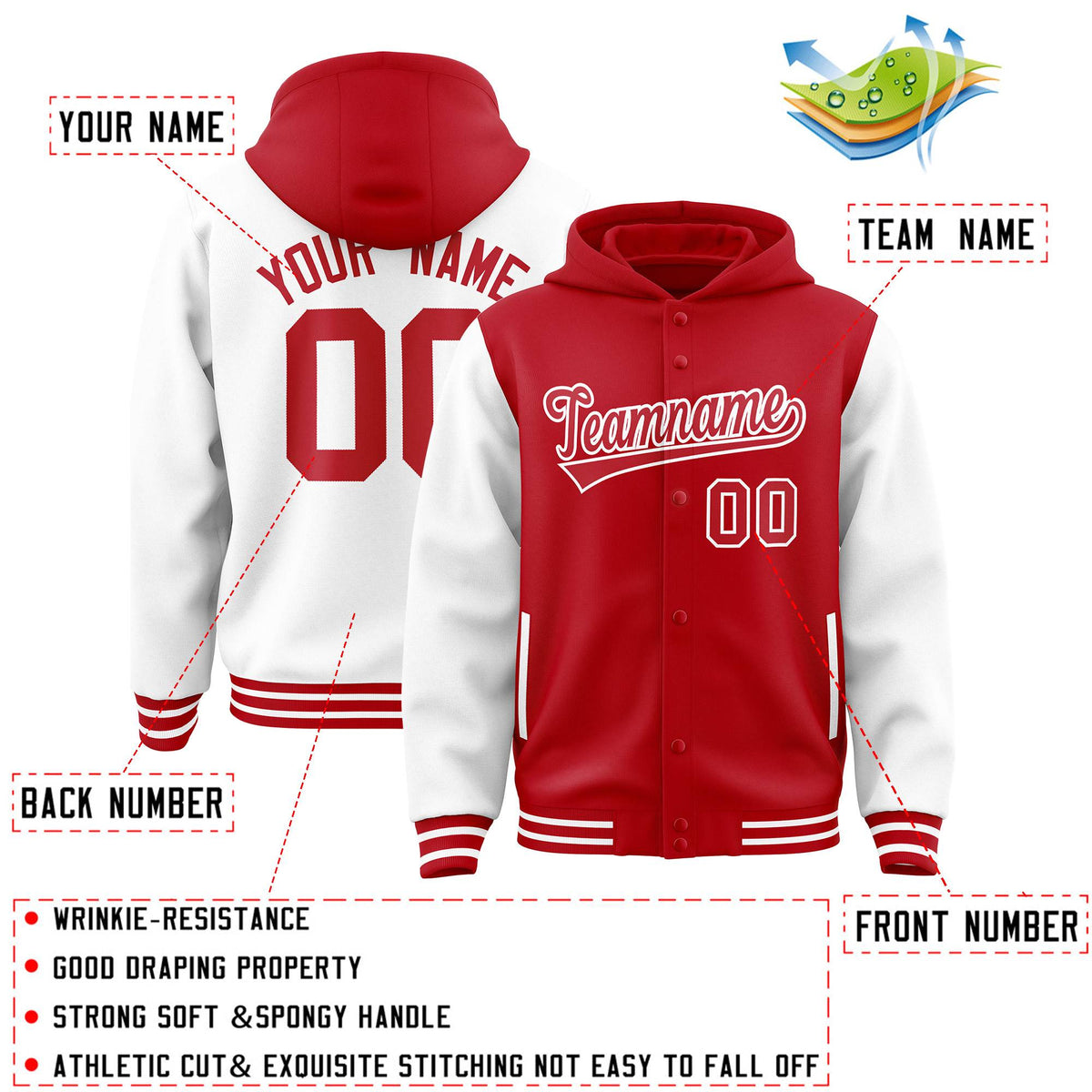 Custom Red White Raglan Sleeves Varsity Full-Snap Letterman Two Tone Jacket Hoodie| KXKSHOP