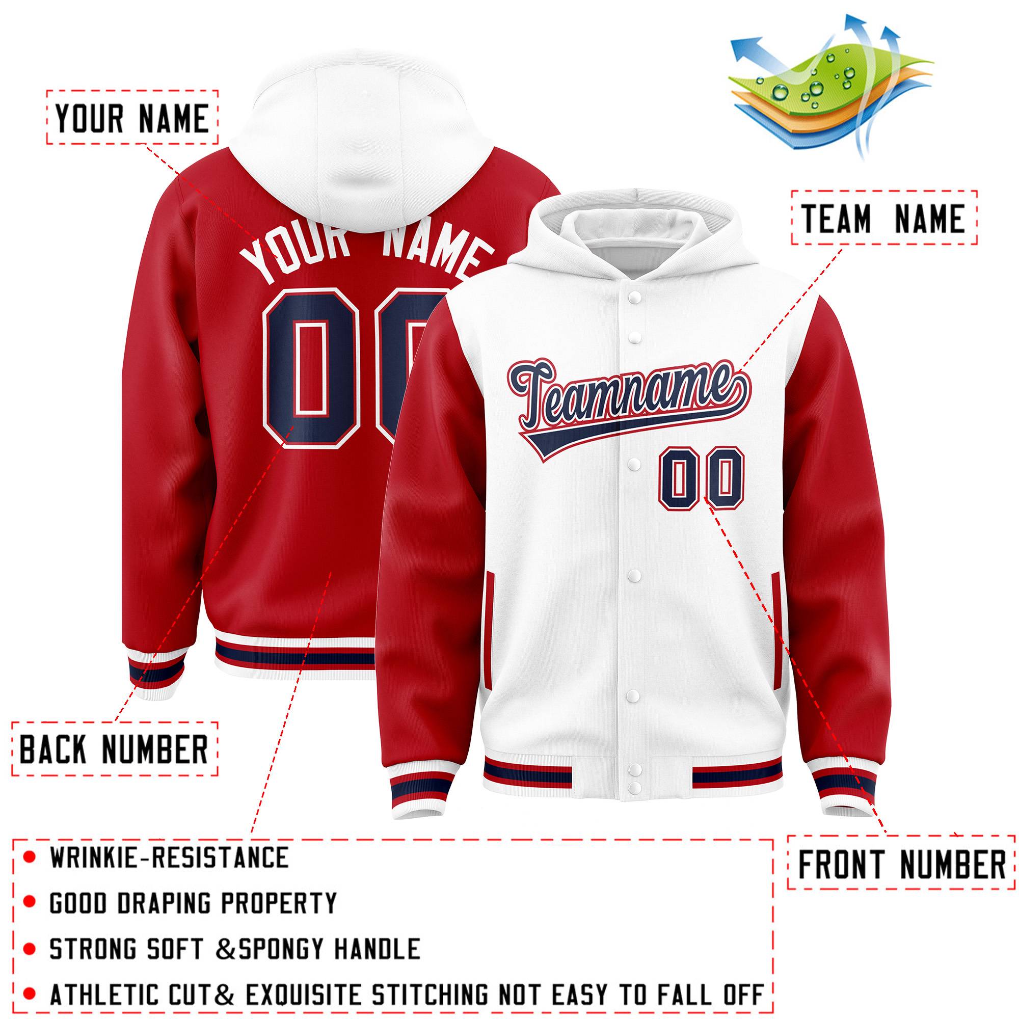 Custom White Red Raglan Sleeves Varsity Full-Snap Letterman Two Tone Jacket Hoodie| KXKSHOP