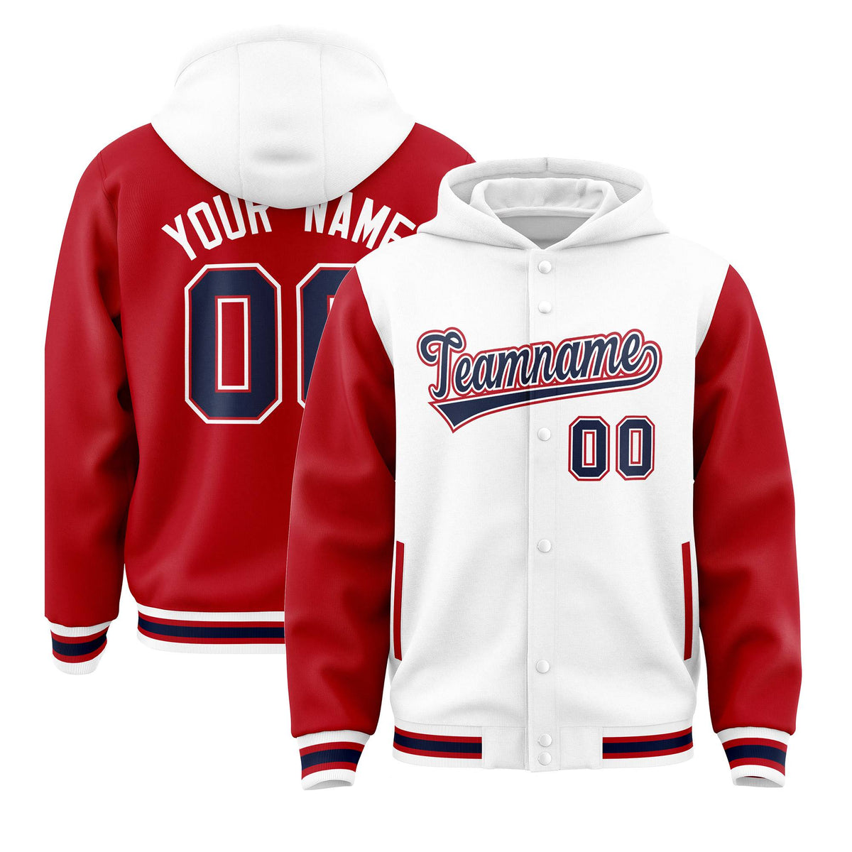 Custom White Red Raglan Sleeves Varsity Full-Snap Letterman Two Tone Jacket Hoodie| KXKSHOP