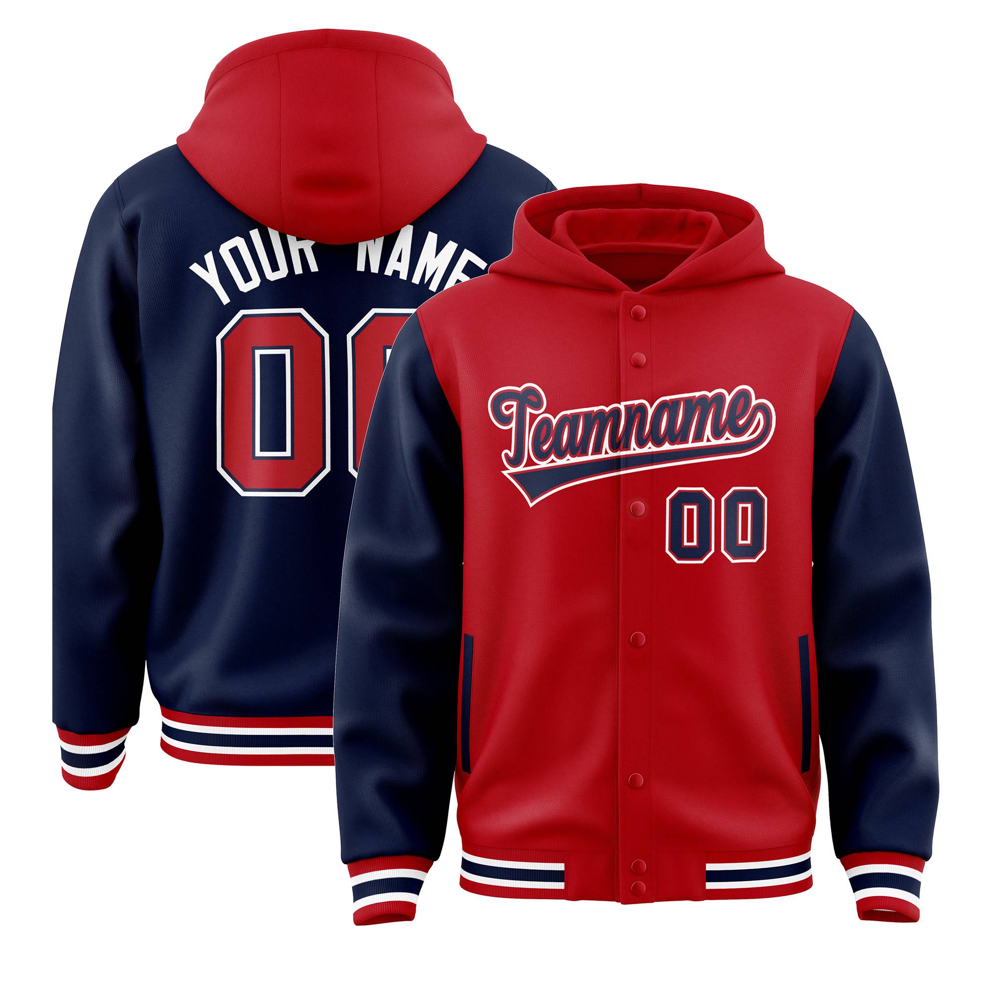 Custom Red Navy Raglan Sleeves Varsity Full-Snap Letterman Two Tone Jacket Hoodie| KXKSHOP