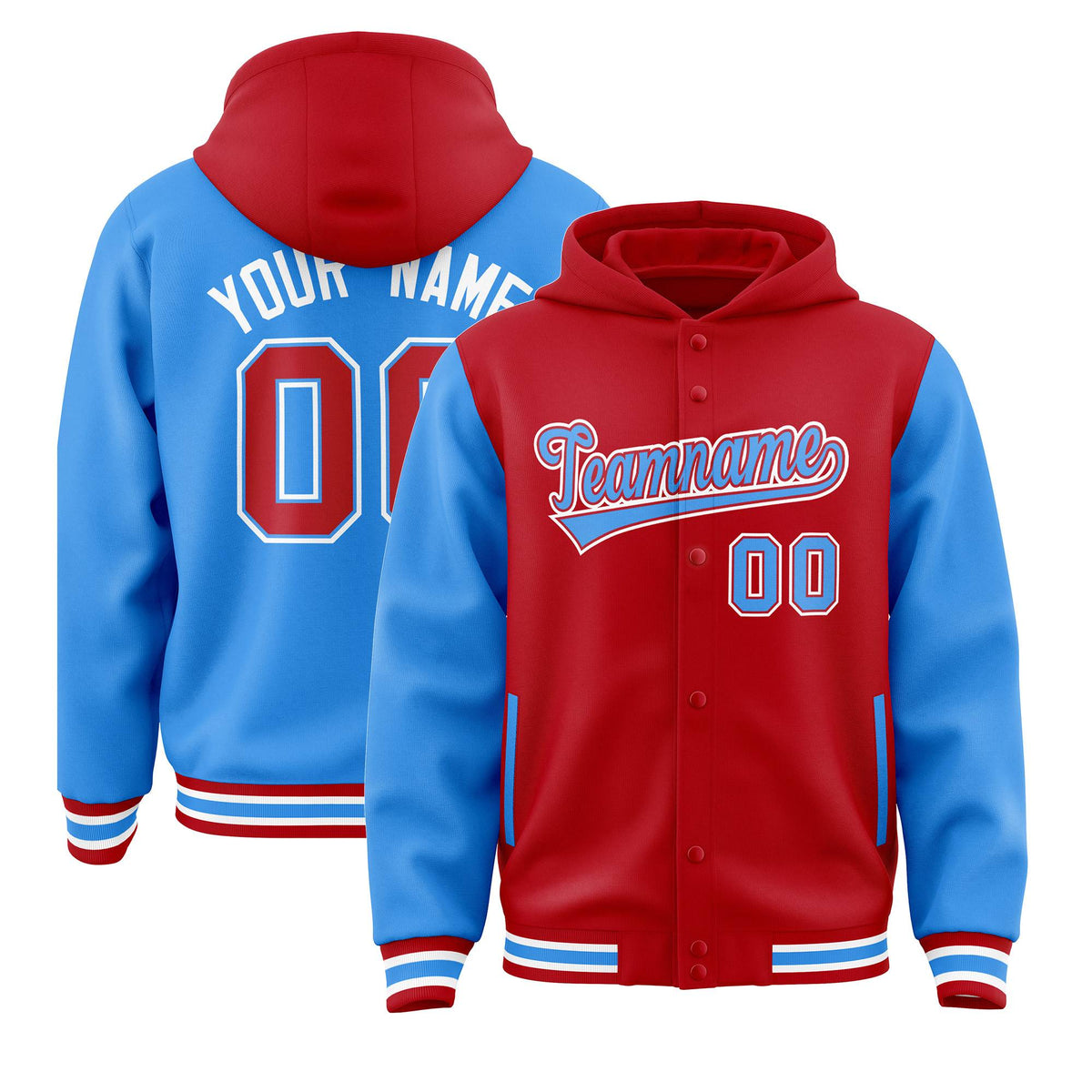 Custom Red Powder Blue Raglan Sleeves Varsity Full-Snap Letterman Two Tone Jacket Hoodie| KXKSHOP