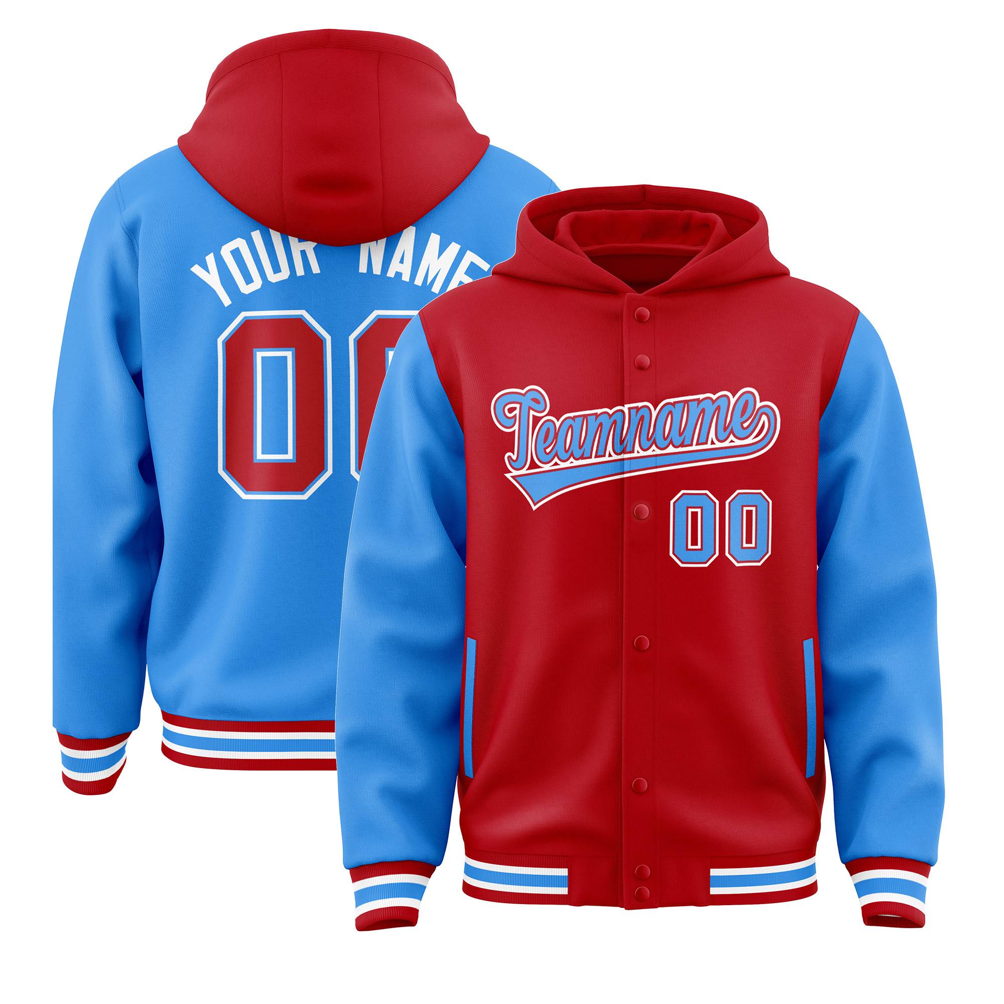 Custom Red Powder Blue Raglan Sleeves Varsity Full-Snap Letterman Two Tone Jacket Hoodie| KXKSHOP