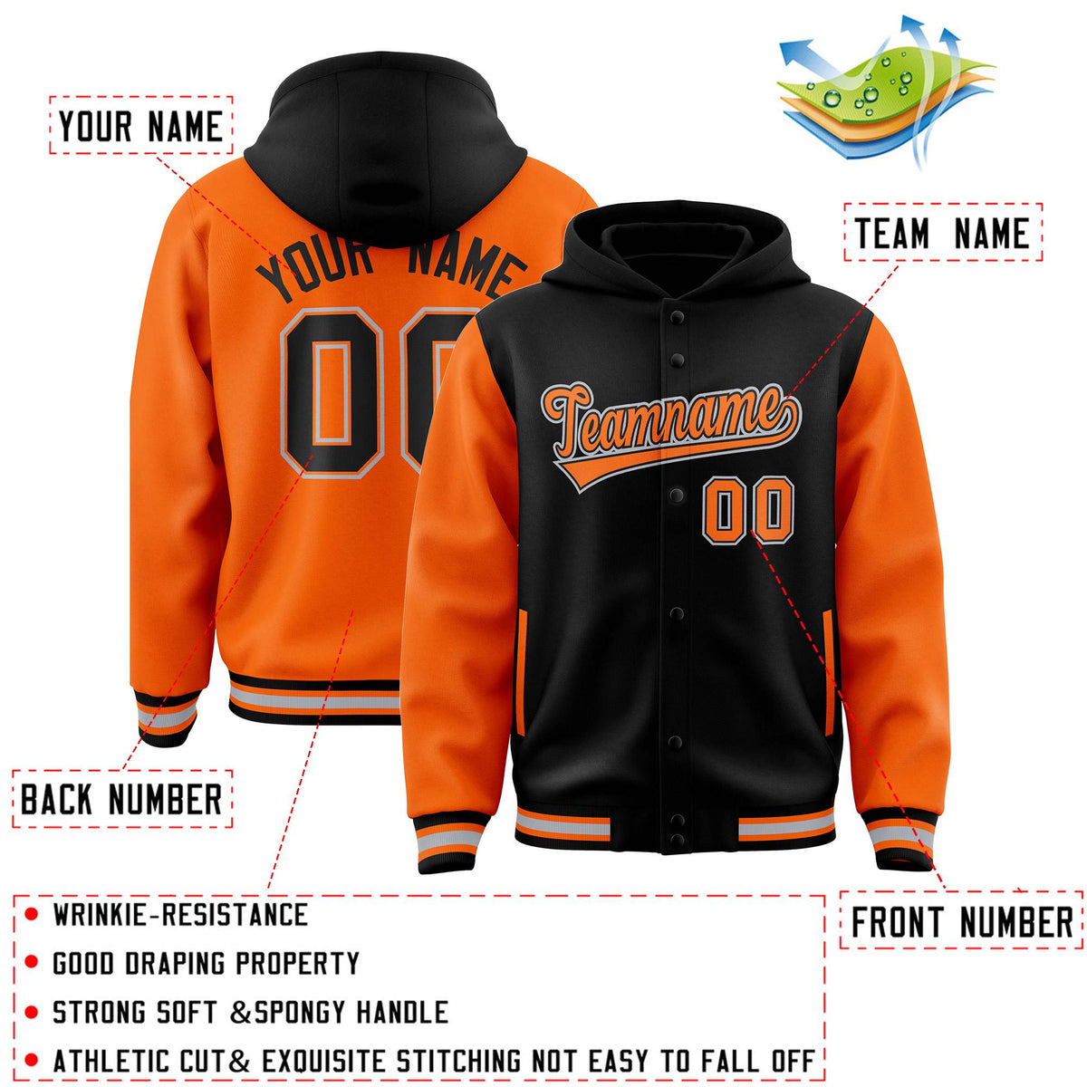 Custom Black Orange Raglan Sleeves Varsity Full-Snap Letterman Two Tone Jacket Hoodie| KXKSHOP