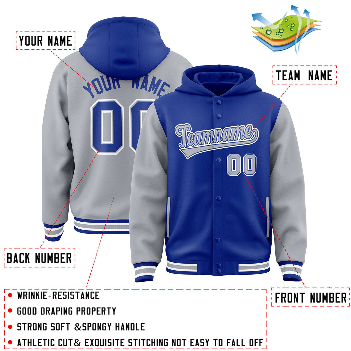 Custom Royal Gray Raglan Sleeves Varsity Full-Snap Letterman Two Tone Jacket Hoodie| KXKSHOP