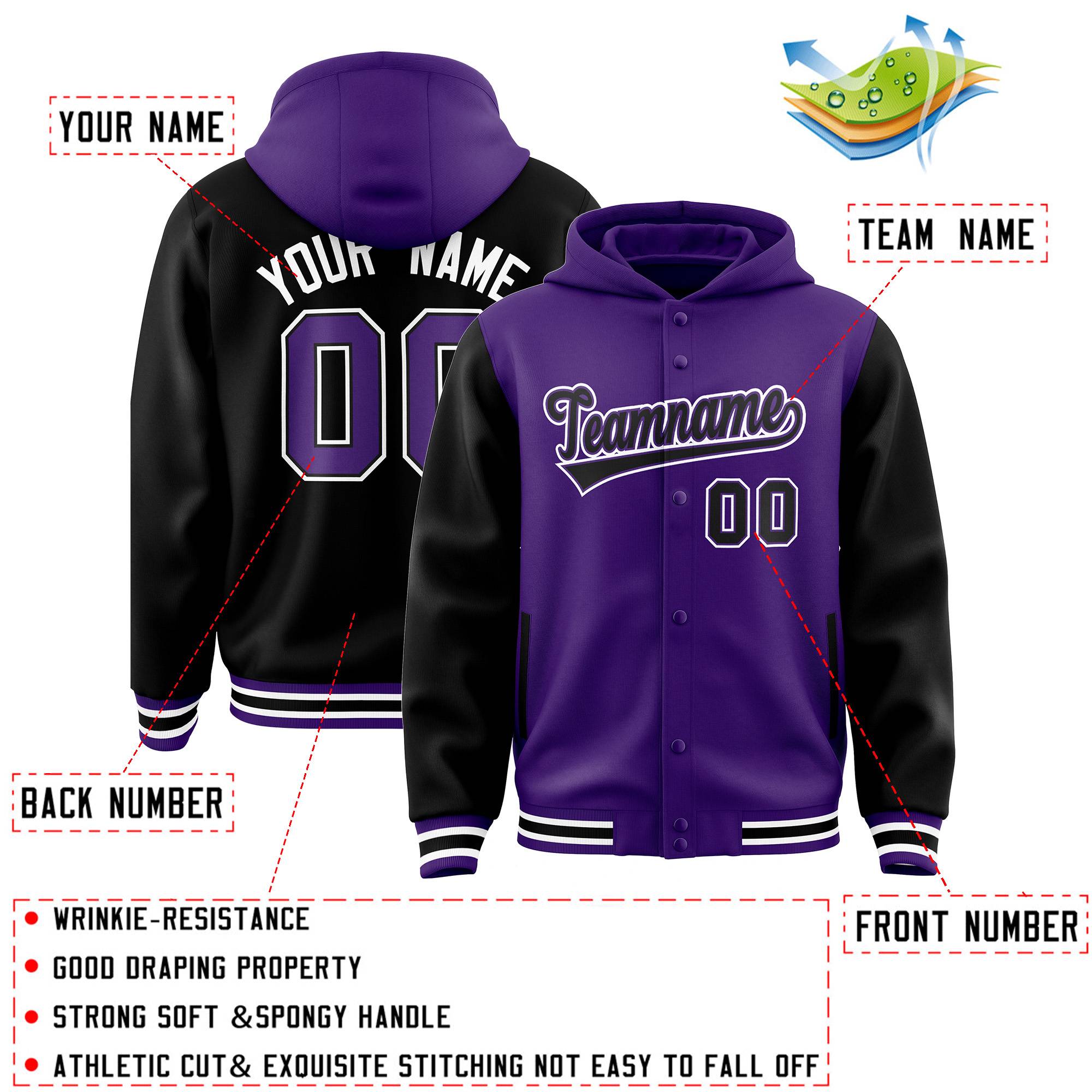 Custom Purple Black Raglan Sleeves Varsity Full-Snap Letterman Two Tone Jacket Hoodie| KXKSHOP
