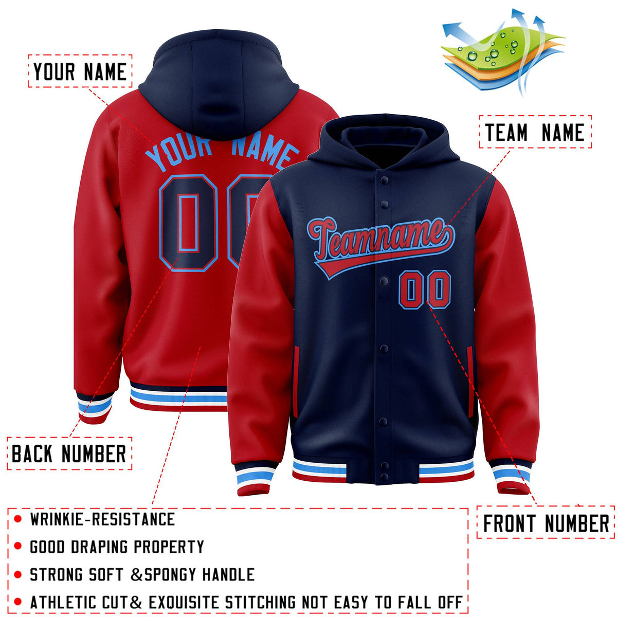 Custom Navy Red Raglan Sleeves Varsity Full-Snap Letterman Two Tone Jacket Hoodie| KXKSHOP