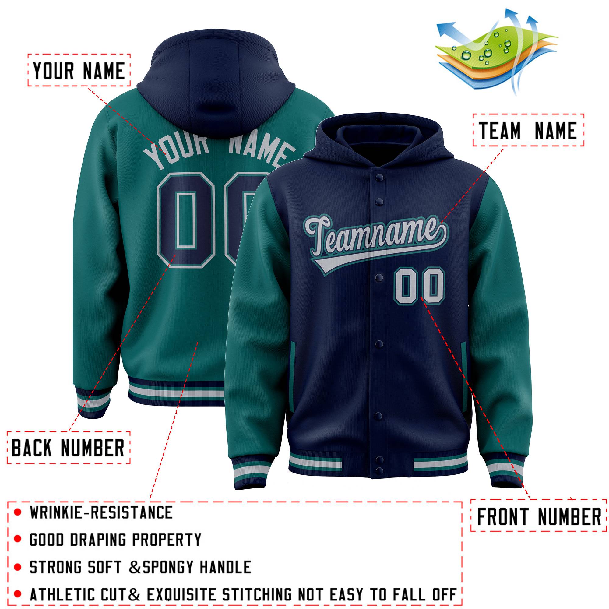 Custom Navy Aqua Raglan Sleeves Varsity Full-Snap Letterman Two Tone Jacket Hoodie| KXKSHOP