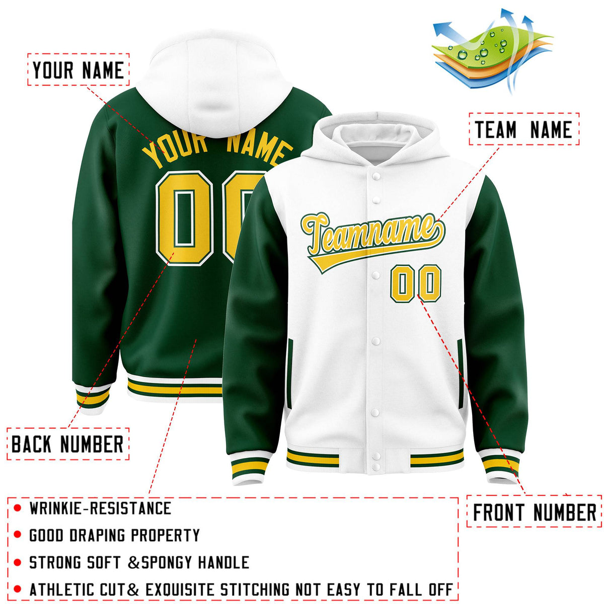 Custom White Green Raglan Sleeves Varsity Full-Snap Letterman Two Tone Jacket Hoodie| KXKSHOP