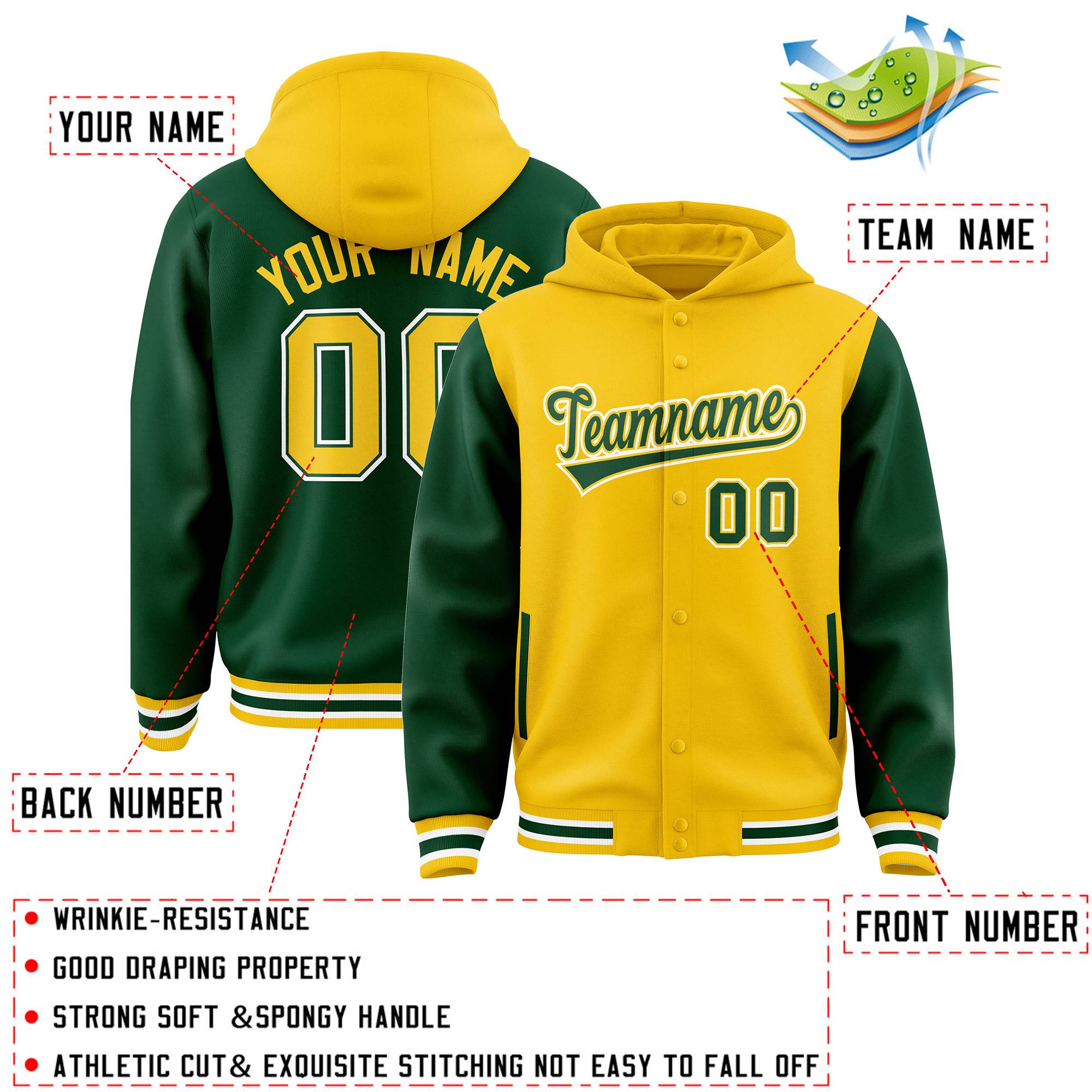 Custom Gold Green Raglan Sleeves Varsity Full-Snap Letterman Two Tone Jacket Hoodie| KXKSHOP