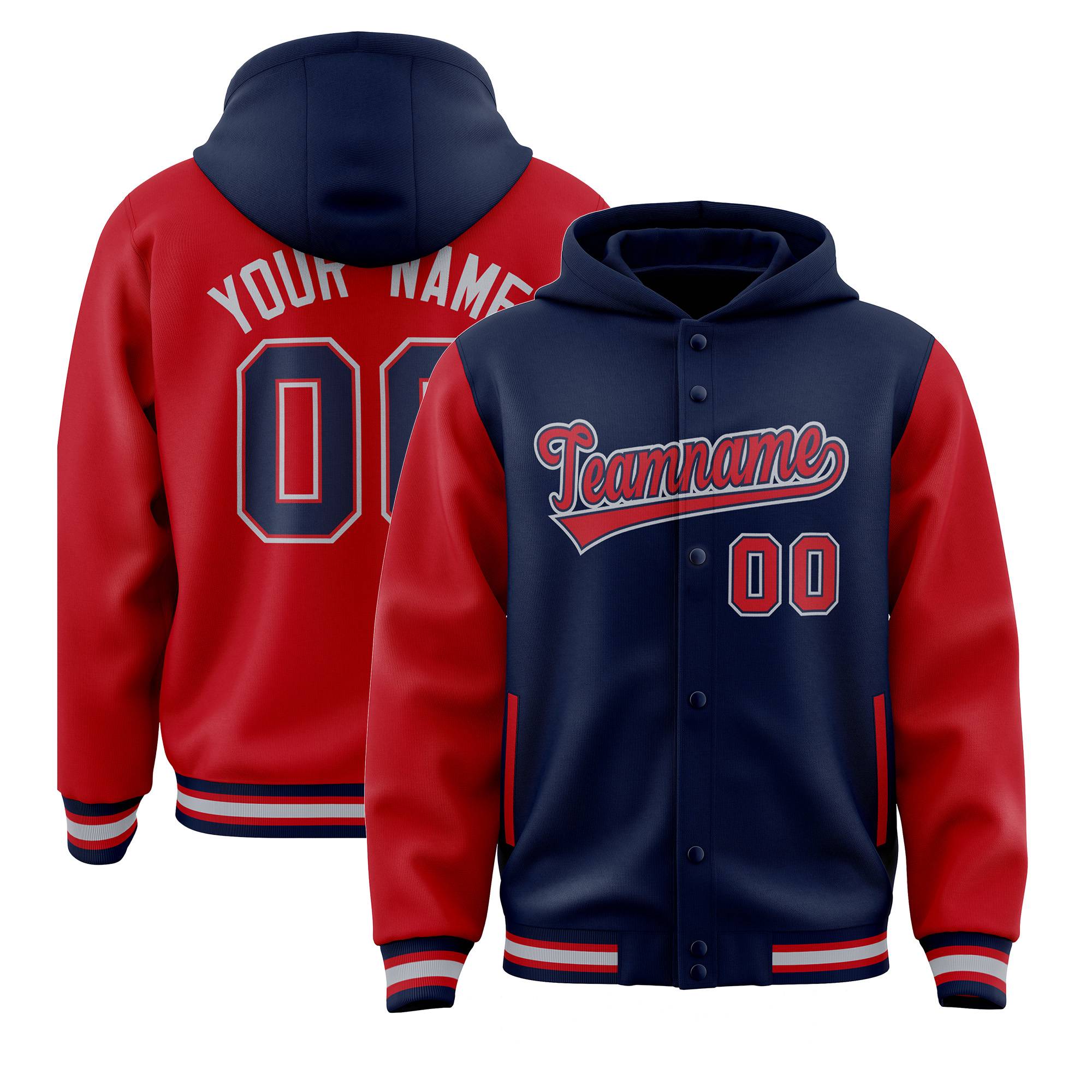 Custom Navy Red Raglan Sleeves Varsity Full-Snap Letterman Two Tone Jacket Hoodie| KXKSHOP