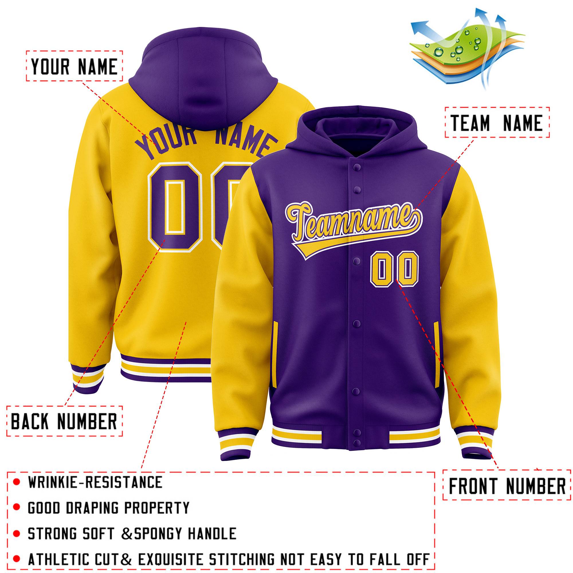 Custom Purple Gold Raglan Sleeves Varsity Full-Snap Letterman Two Tone Jacket Hoodie| KXKSHOP