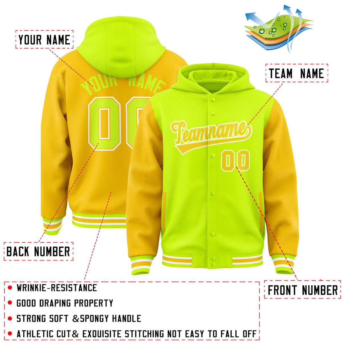 Custom Neon Green Gold Raglan Sleeves Varsity Full-Snap Letterman Two Tone Jacket Hoodie| KXKSHOP