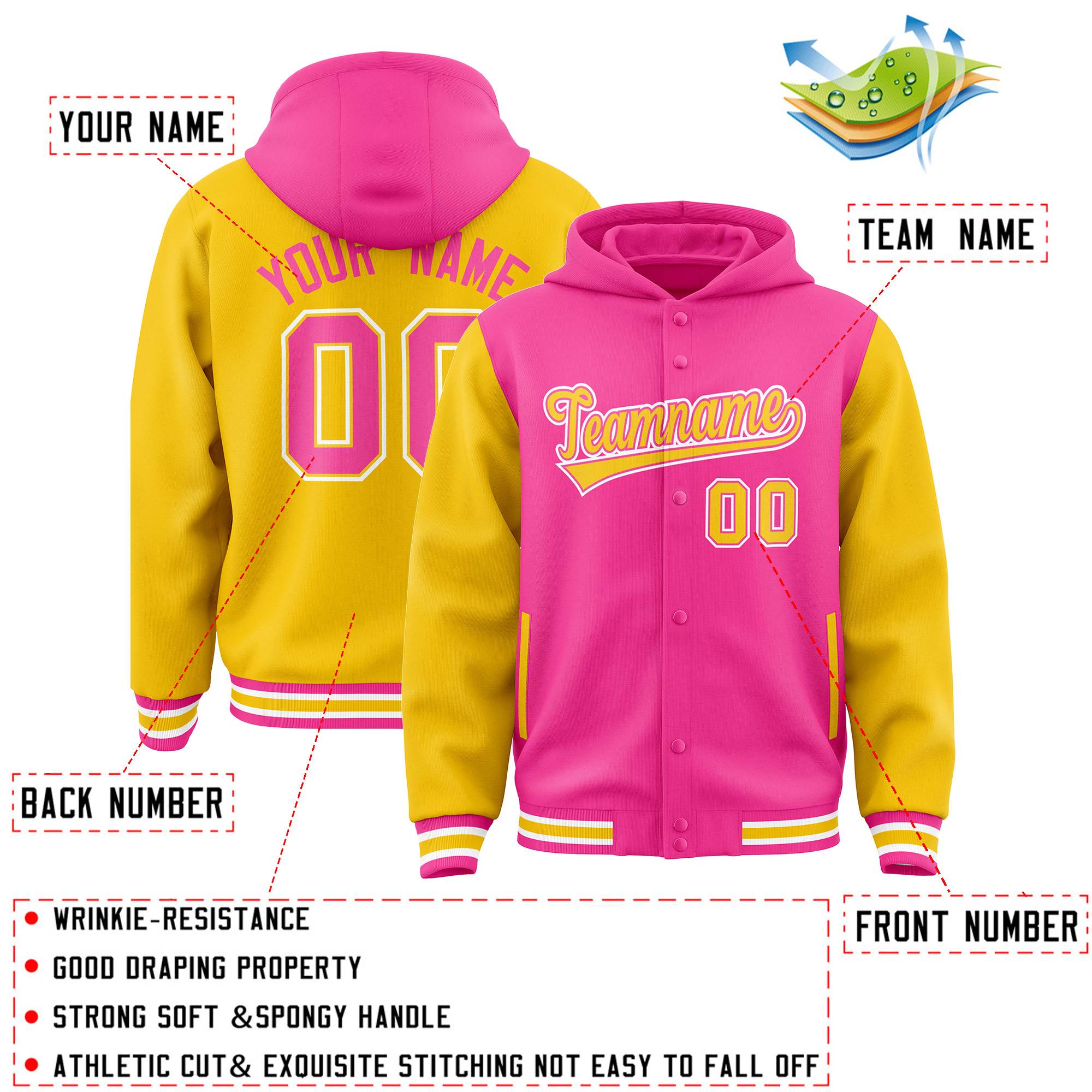Custom Pink Gold Raglan Sleeves Varsity Full-Snap Letterman Two Tone Jacket Hoodie| KXKSHOP