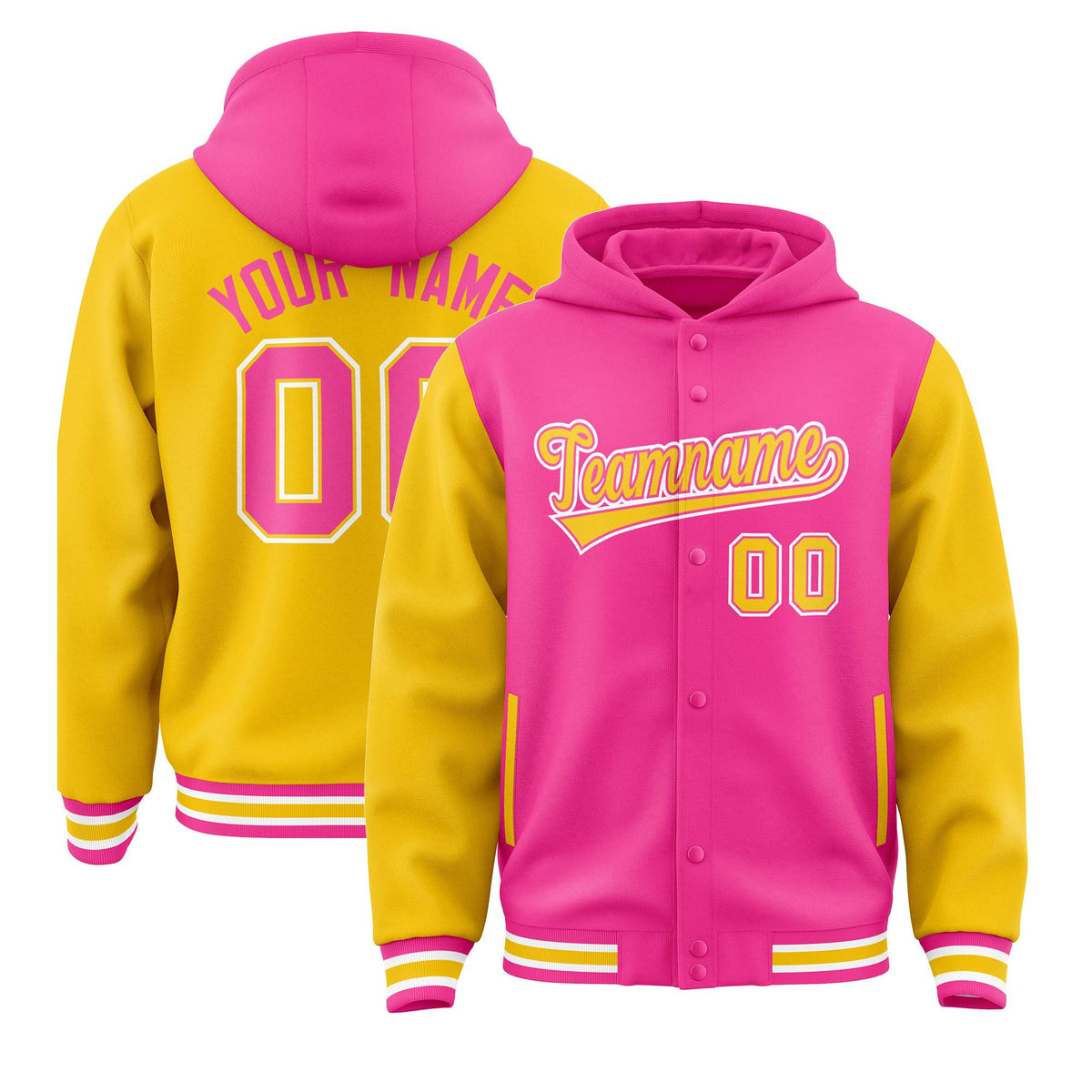 Custom Pink Gold Raglan Sleeves Varsity Full-Snap Letterman Two Tone Jacket Hoodie| KXKSHOP