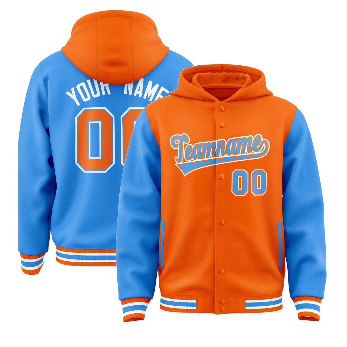 Custom Orange Powder Blue Raglan Sleeves Varsity Full-Snap Letterman Two Tone Jacket Hoodie| KXKSHOP