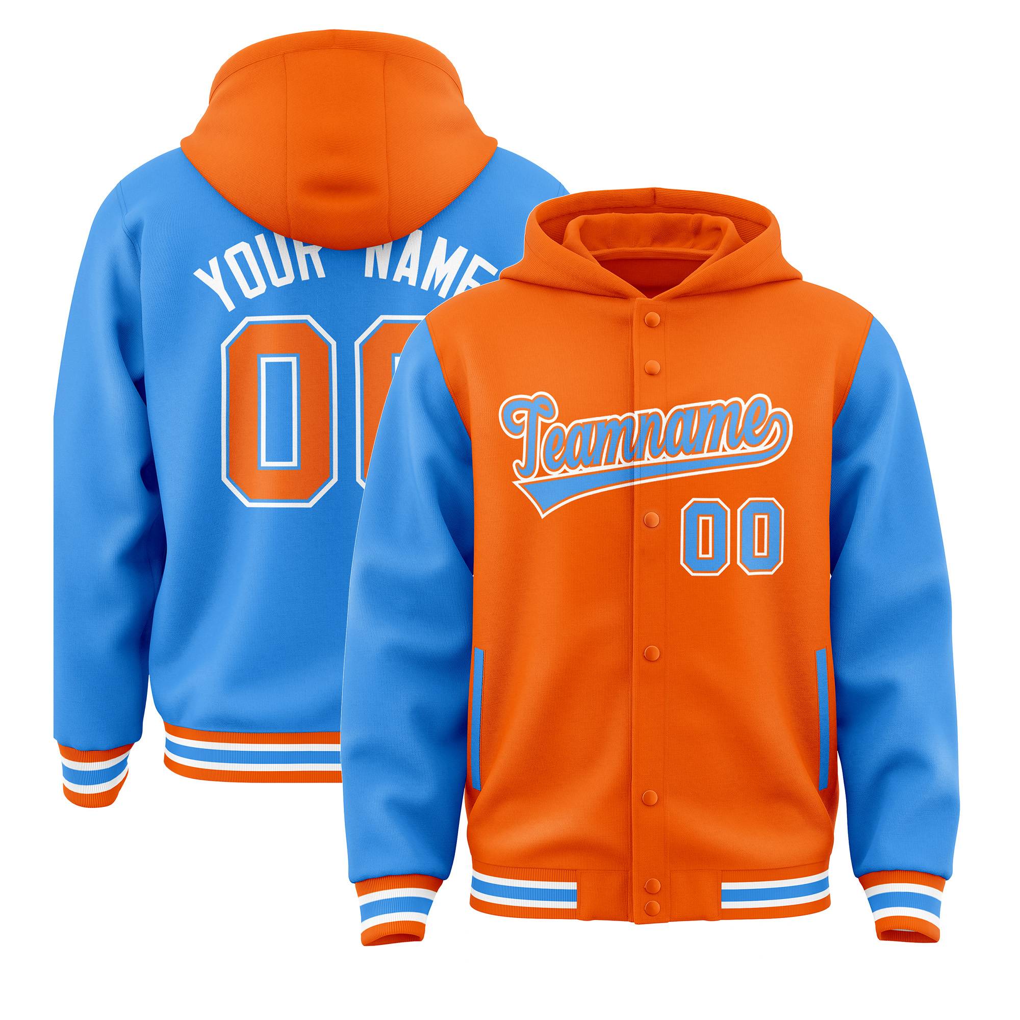 Custom Orange Powder Blue Raglan Sleeves Varsity Full-Snap Letterman Two Tone Jacket Hoodie| KXKSHOP