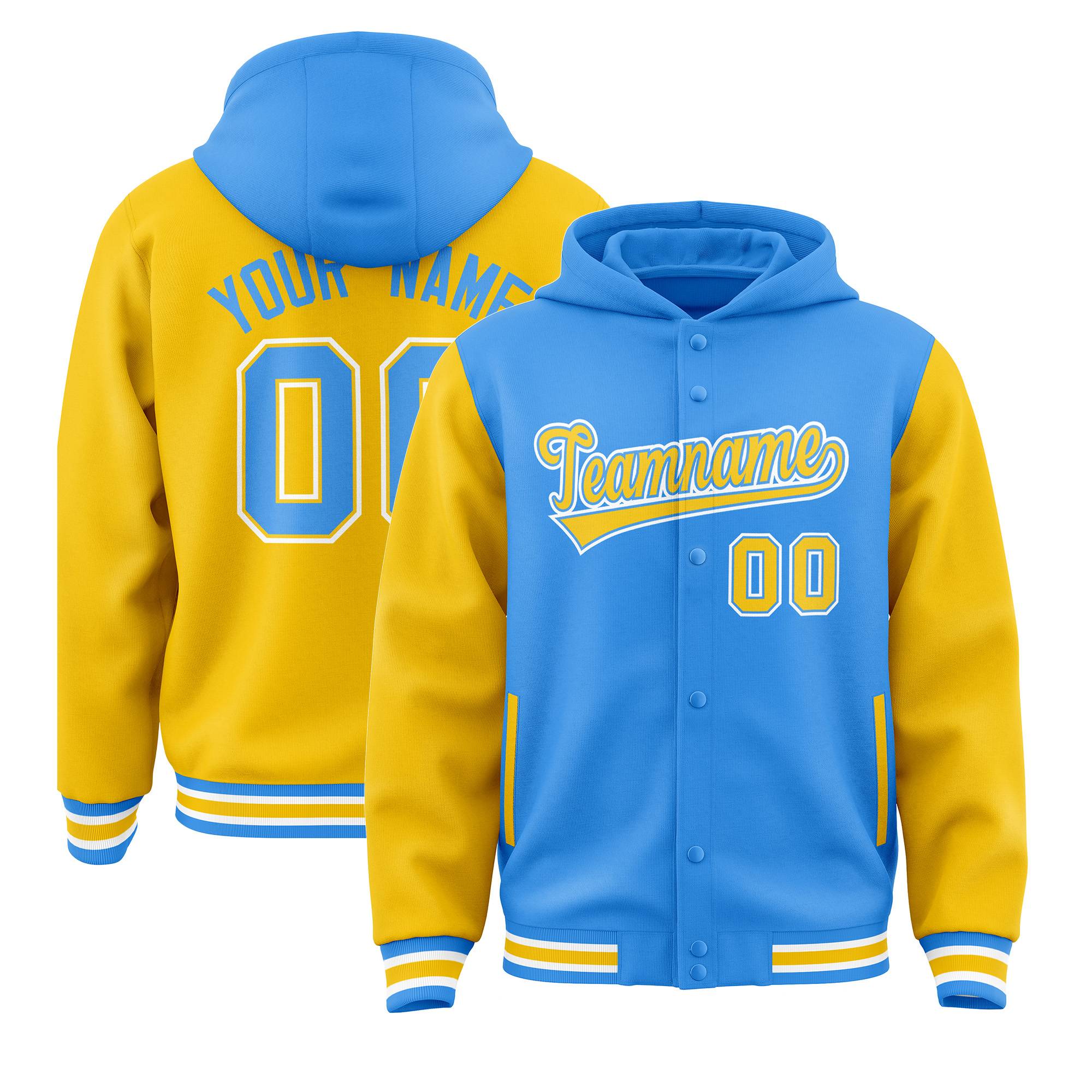 Custom Powder Blue Gold Raglan Sleeves Varsity Full-Snap Letterman Two Tone Jacket Hoodie| KXKSHOP