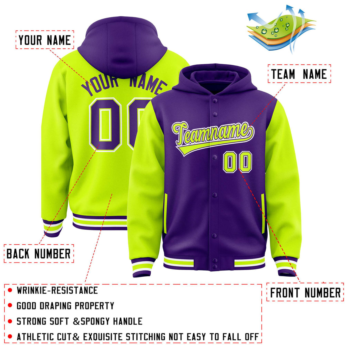 Custom Purple Neon Green Raglan Sleeves Varsity Full-Snap Letterman Two Tone Jacket Hoodie| KXKSHOP