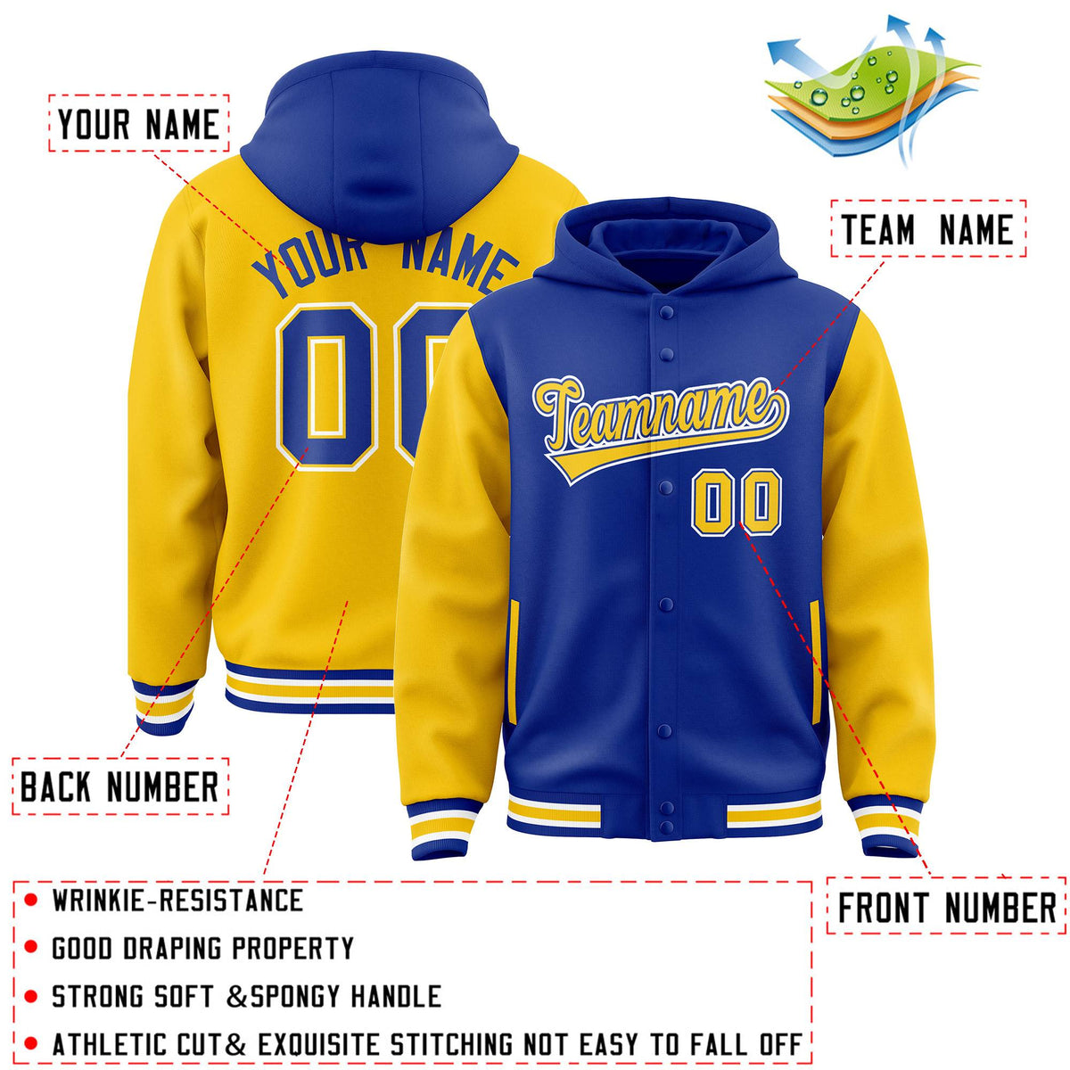 Custom Royal Gold Raglan Sleeves Varsity Full-Snap Letterman Two Tone Jacket Hoodie| KXKSHOP