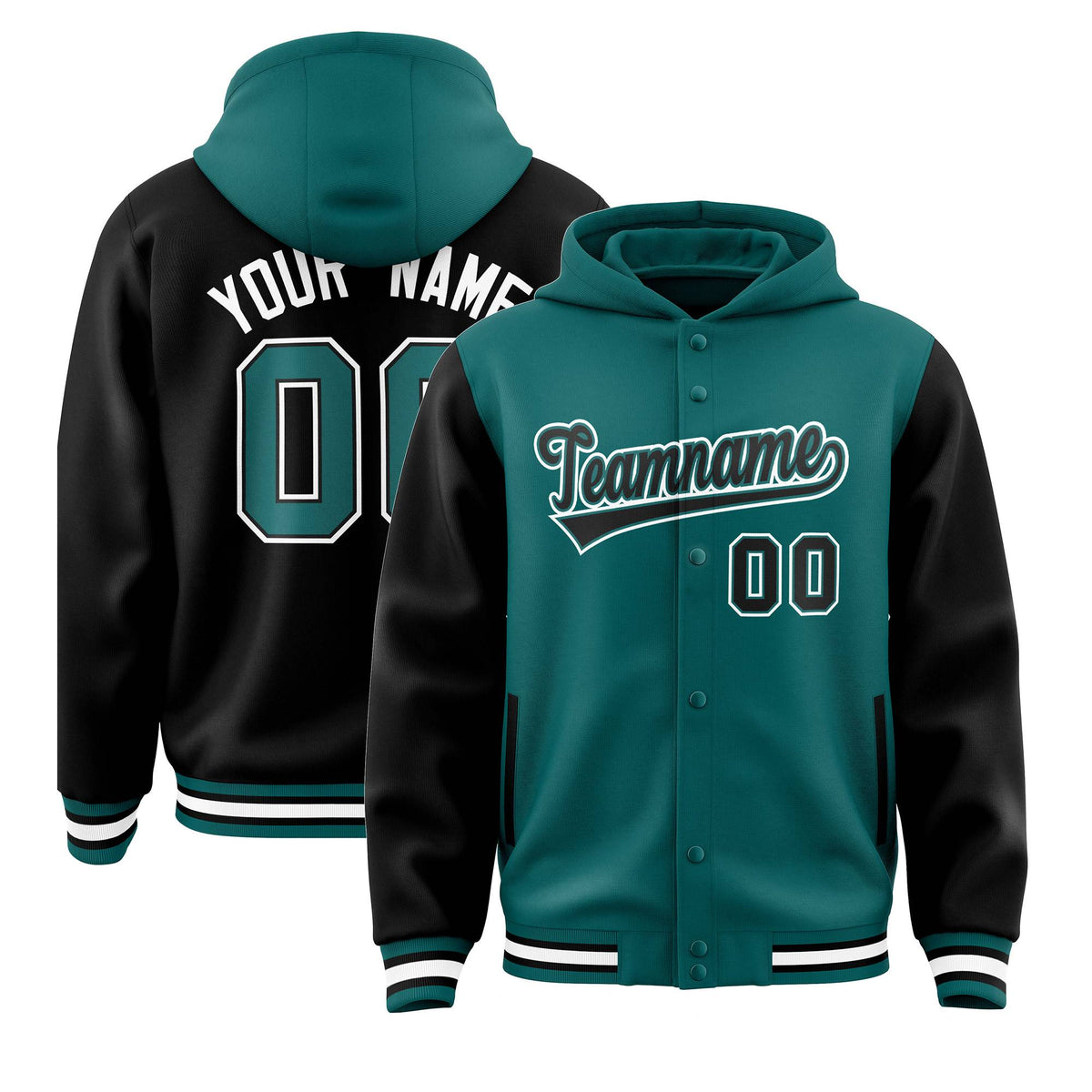 Custom Aqua Black Raglan Sleeves Varsity Full-Snap Letterman Two Tone Jacket Hoodie| KXKSHOP