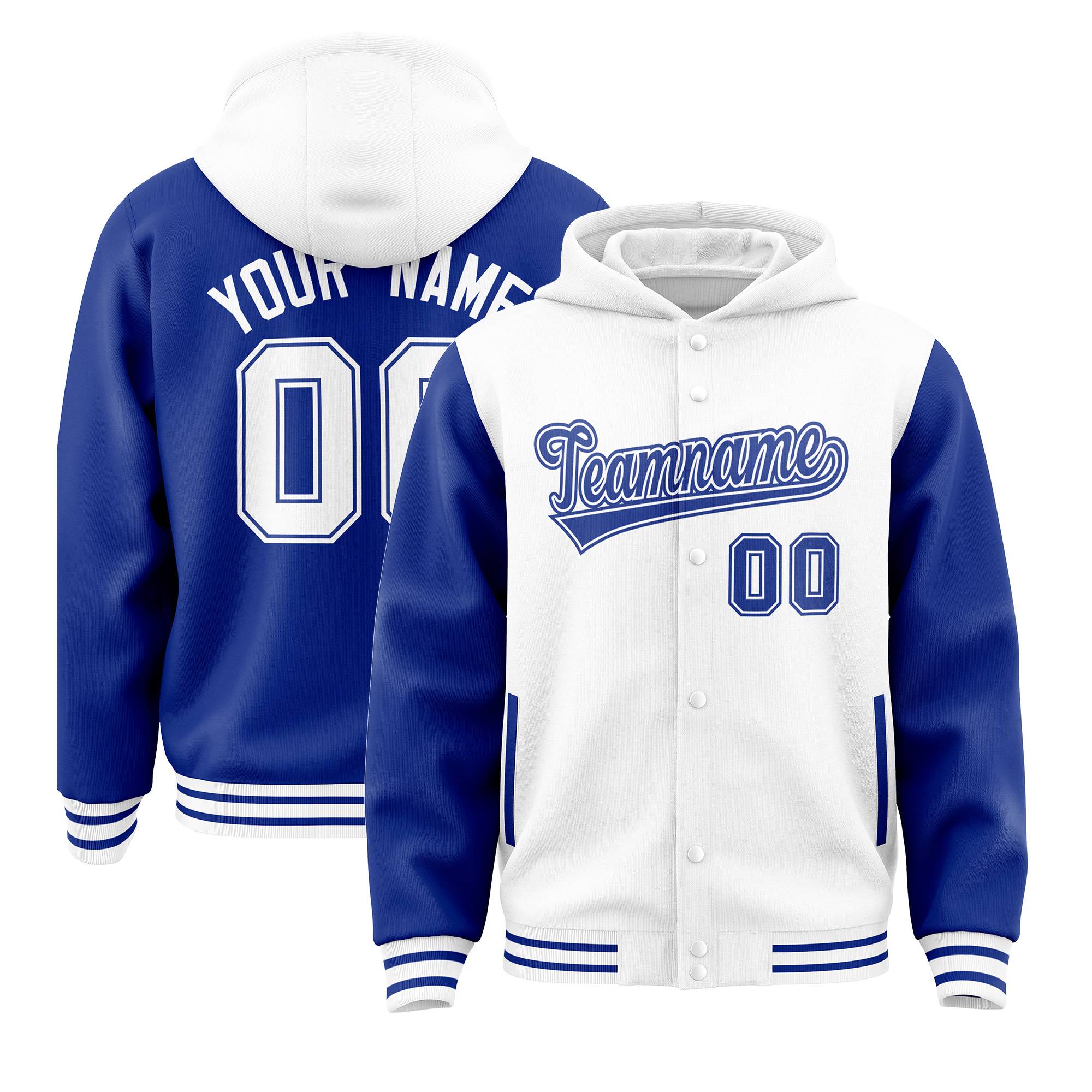 Custom White Royal Raglan Sleeves Varsity Full-Snap Letterman Two Tone Jacket Hoodie| KXKSHOP